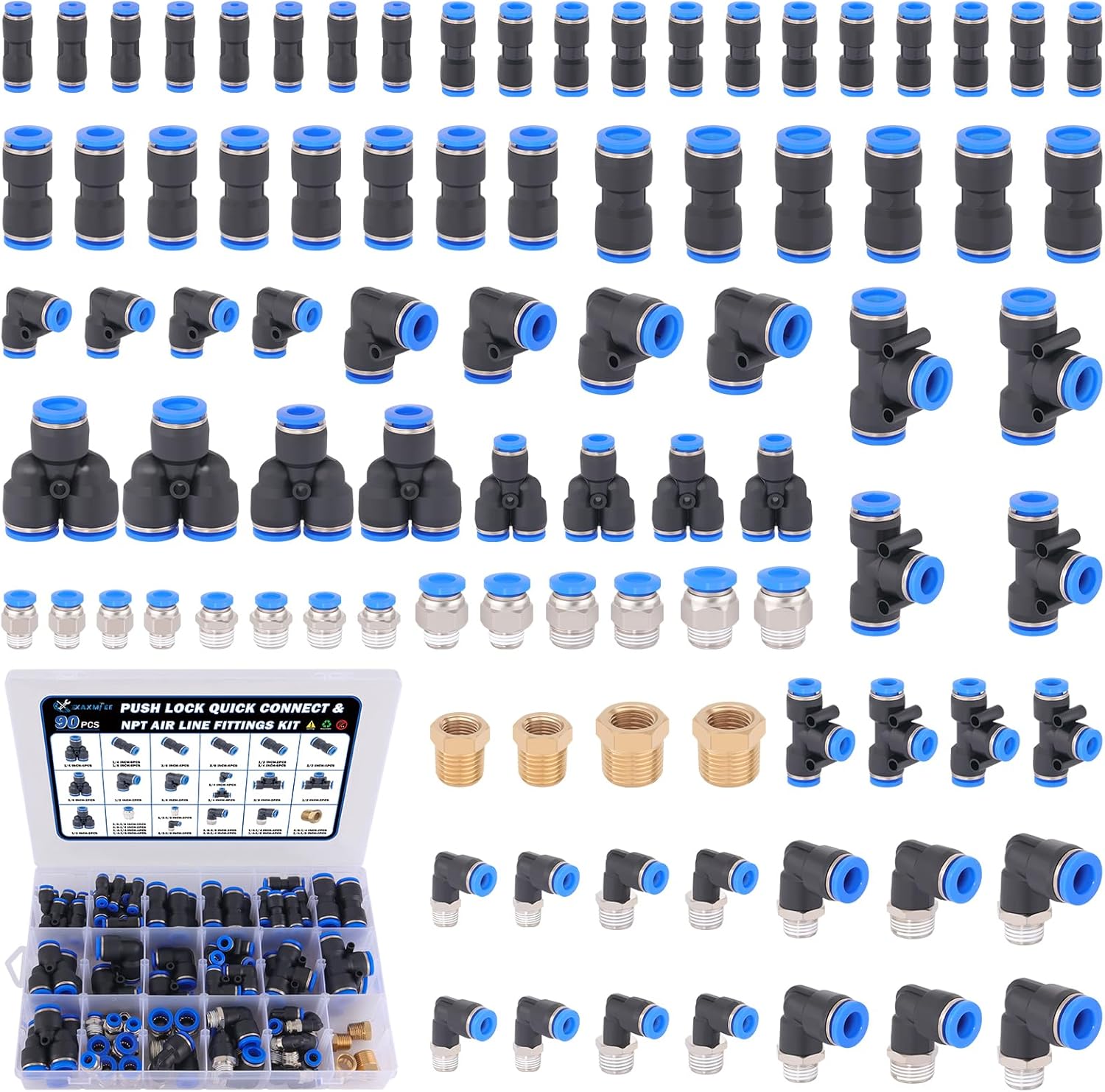 90 Pcs Quick Connect Air Line Fittings Kit Pneumatic Push Lock Air Fittings 1/8",1/4",3/8",1/2" Push to Connect & NPT Thread Air Hose Fittings Quick Release Airline Fitting Kit