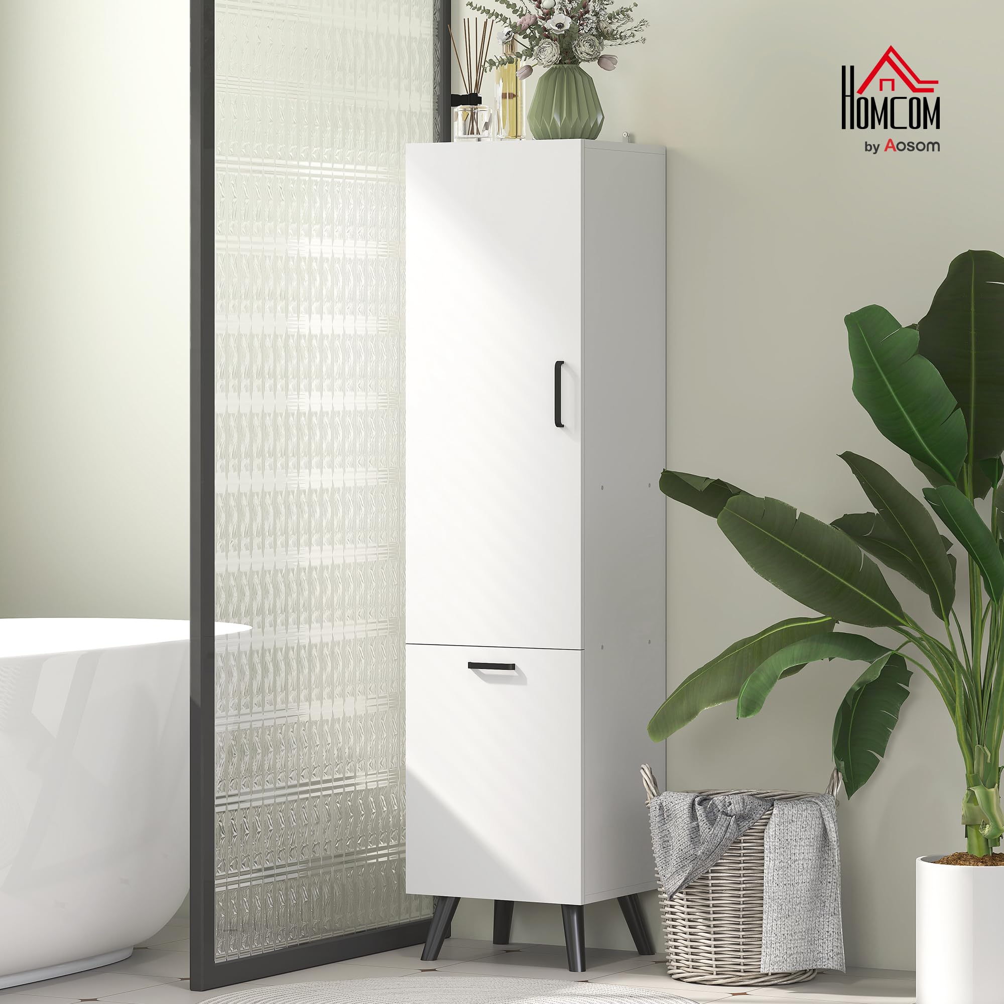 HOMCOM Armario de Baño Alto con Puerta y Estantes 35x31,5x144 cm Blanco | Columna de Baño Estrecha, Cesto para Ropa Sucia, Mueble Auxiliar para Cocina Salón