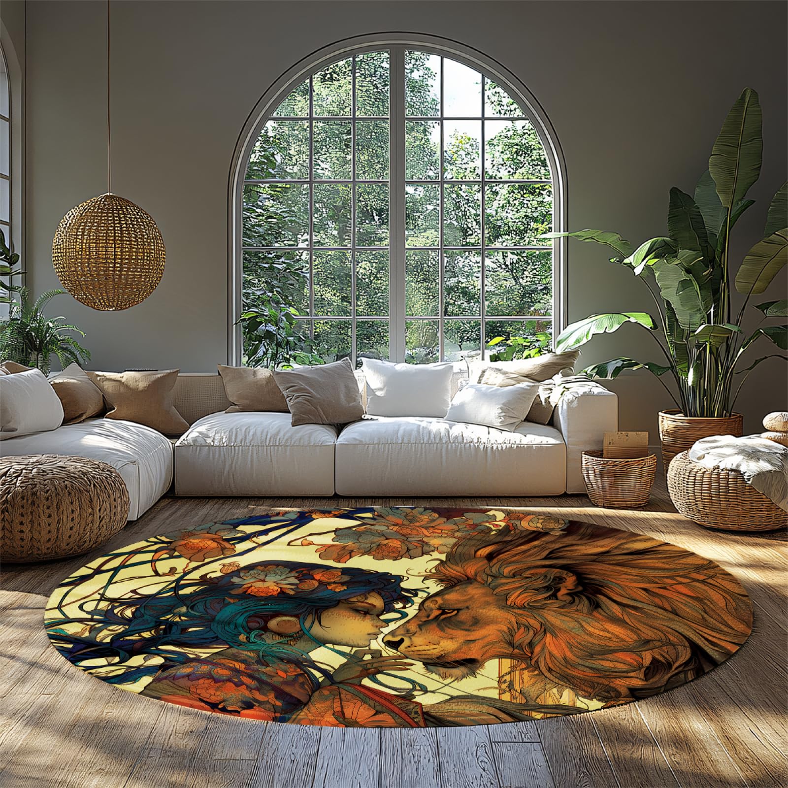 Tapis de salon Art Nouveau Lion : créez un studio chaleureux avec ce grand tapis rond lavable