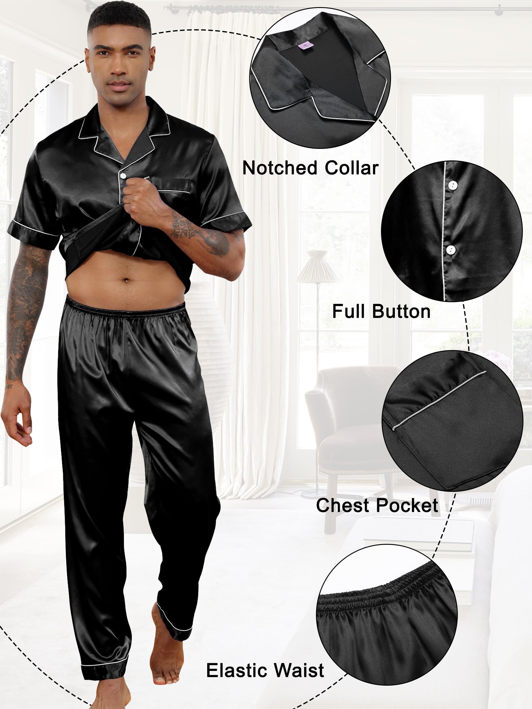 Pijama Hombre Satén Pijama de Seda para Hombre Manga Larga con Botones y Pantalones Largos Ropa de Descanso Conjuntos de 2 Piezas