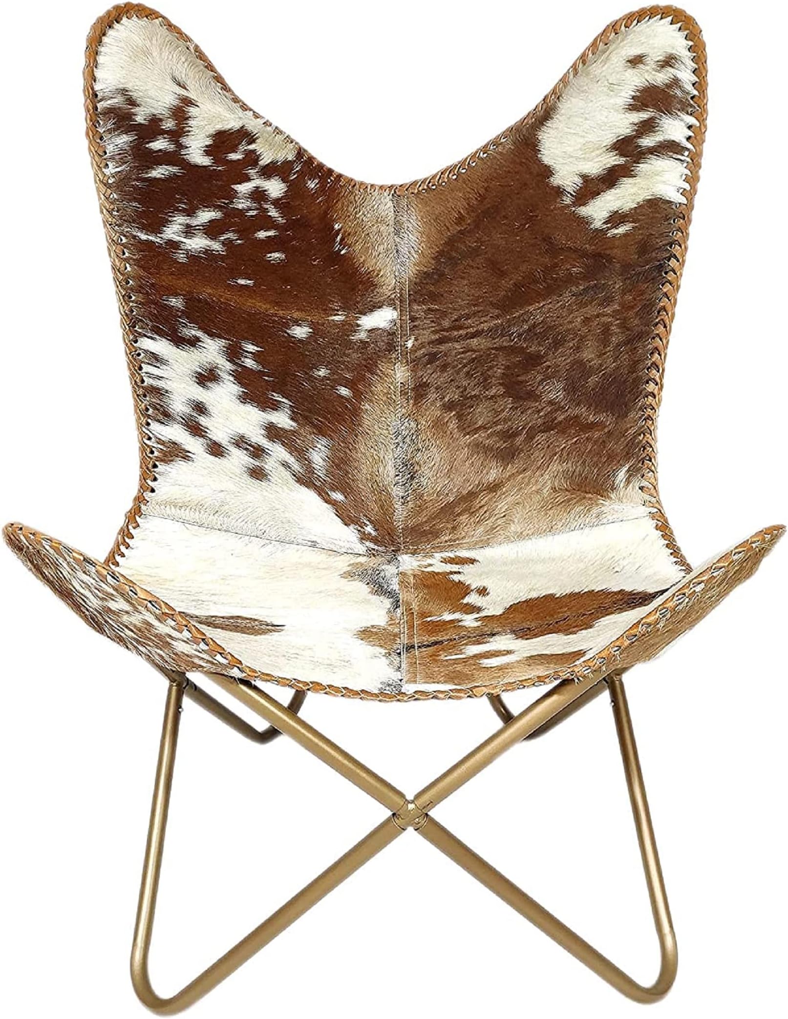 GifteQ Handmade Leather Living Room Butterfly Chair Hairon Side Hand Stitch for Relaxing with Powder Coated Folding Iron Frame Vintage Arm Chair Home Décor (Brown & White, Golden Frame Stand)