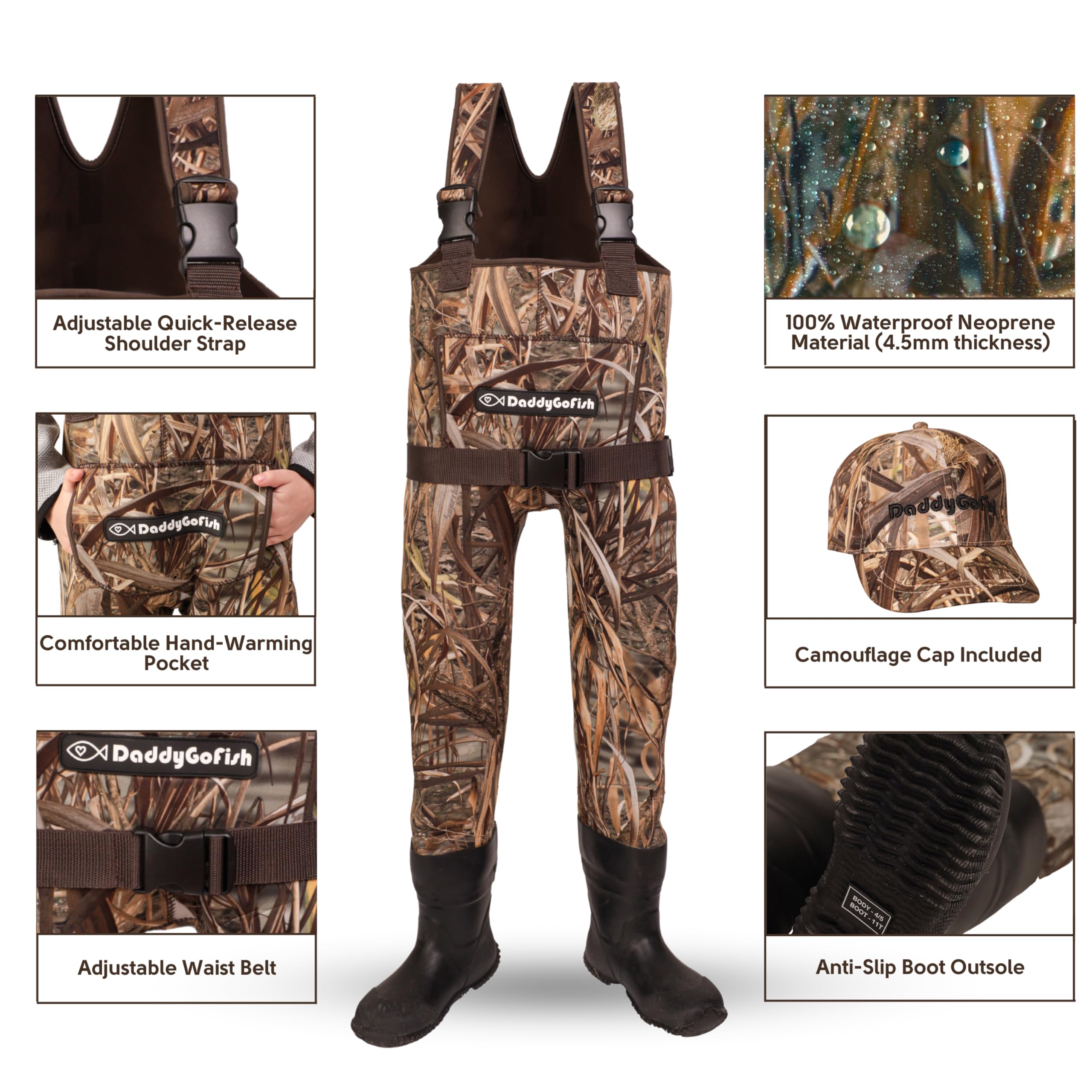 DaddyGoFish Waders in Neoprene Per Bambini E Adulti, Bootfoot, Pesca E Caccia Con Berretti Mimetici E Gancio Per Trampolieri