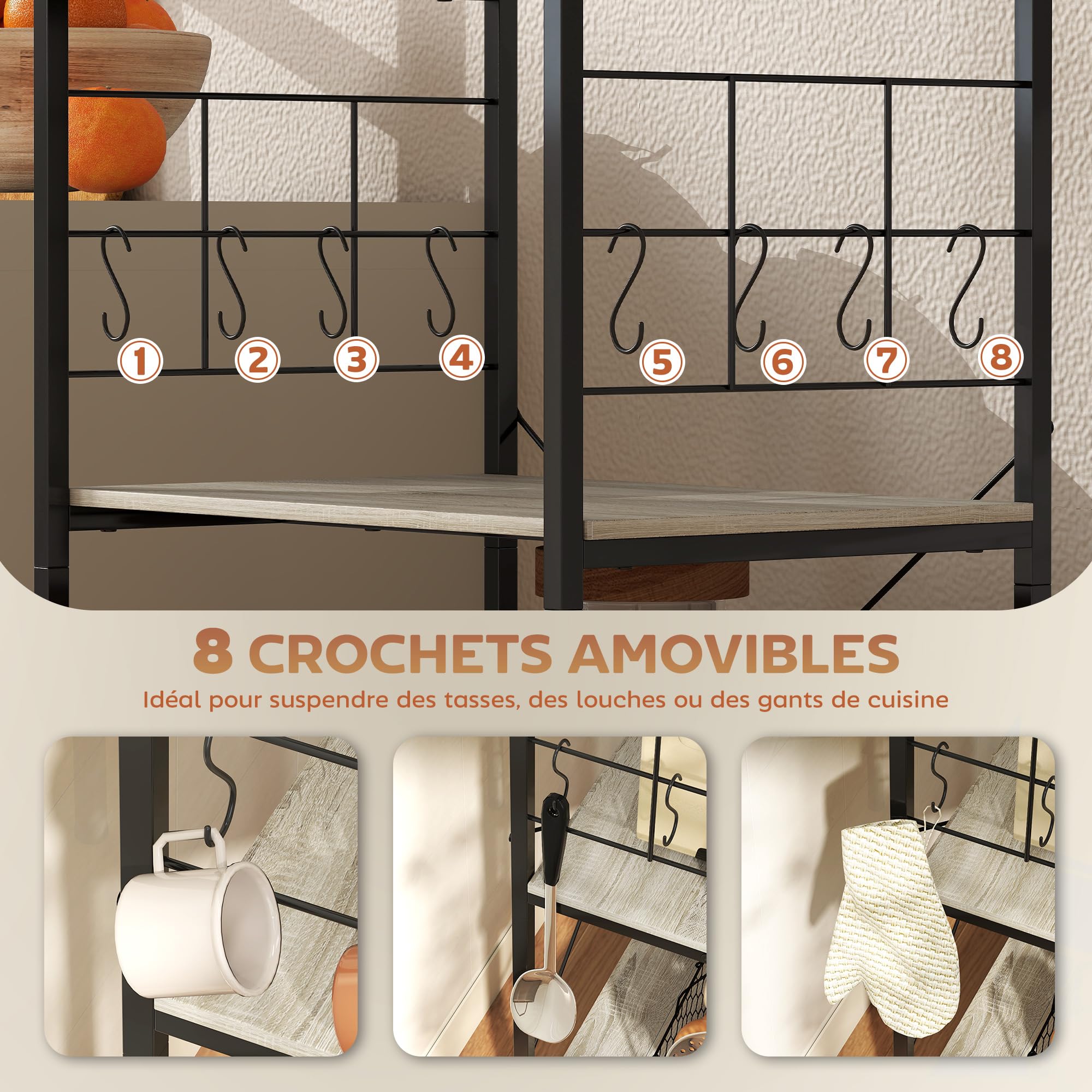 HOMCOM Étagère de cuisine Support Micro-Ondes 60 x 42 x 134,5 cm Chêne | Étagère de Rangement, Panneau Grillagé, 8 Crochets, Station Bar à Café, pour Épices Casseroles Poêles