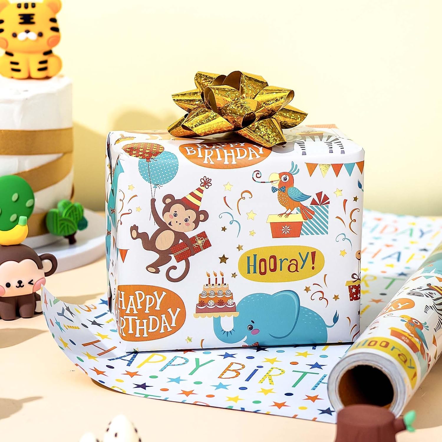 Retrify Birthday Wrapping Paper, 17 Inch x 32.8 Feet Cute Monkey Giraffe Animal Themed Balloon Happy Birthday Lettering Gift Wrap for Boy, Girl, Baby Shower, Newborn Celebration image 5