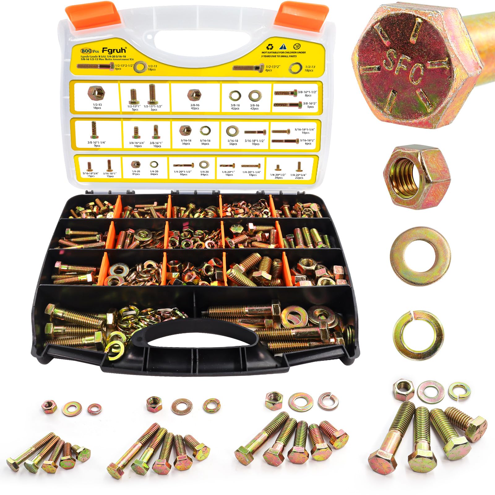 Fgruh 800PCS SAE Bolts and Nuts Assortment Kit,1/4-20, 5/16-18, 3/8-16, 1/2-13 Grade 8 Heavy Duty Hex Bolts Nuts and Washers Assorted kit,Yellow Zinc