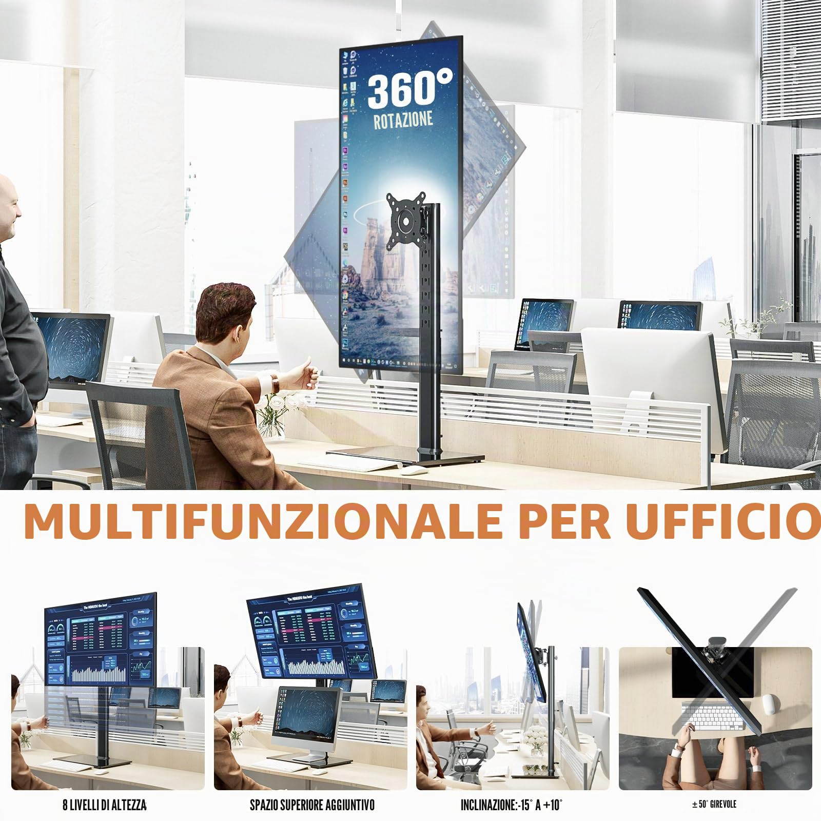 Hemudu Supporto Singolo per Monitor da 27 a 43 pollici, Alto Supporto Monitor da Scrivania con Base Regolabile, Monitor Braccio fino a 35kg con girevole ± 45 °