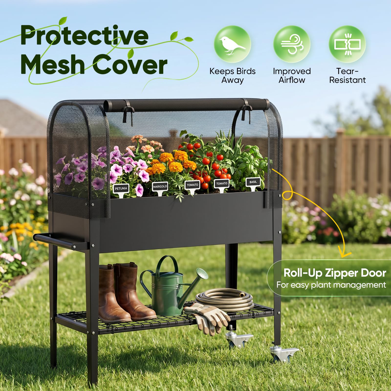 Bancal portátil para verduras con capacidad de 82,7 l | Bancal de metal con cubierta de red y ruedas, 111 x 57 x 120 cm, galvanizado inoxidable, para balcón, terraza