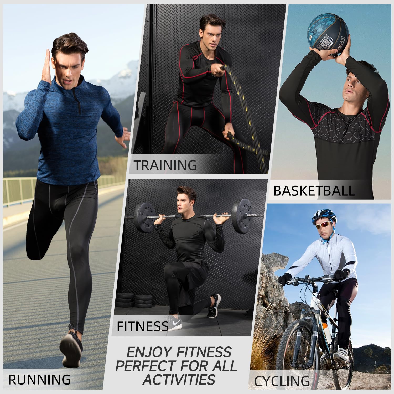Yuerlian Top a compressione da uomo a maniche lunghe da corsa e palestra, ad asciugatura rapida, per sport, primo strato, allenamento, fitness, top a collo alto