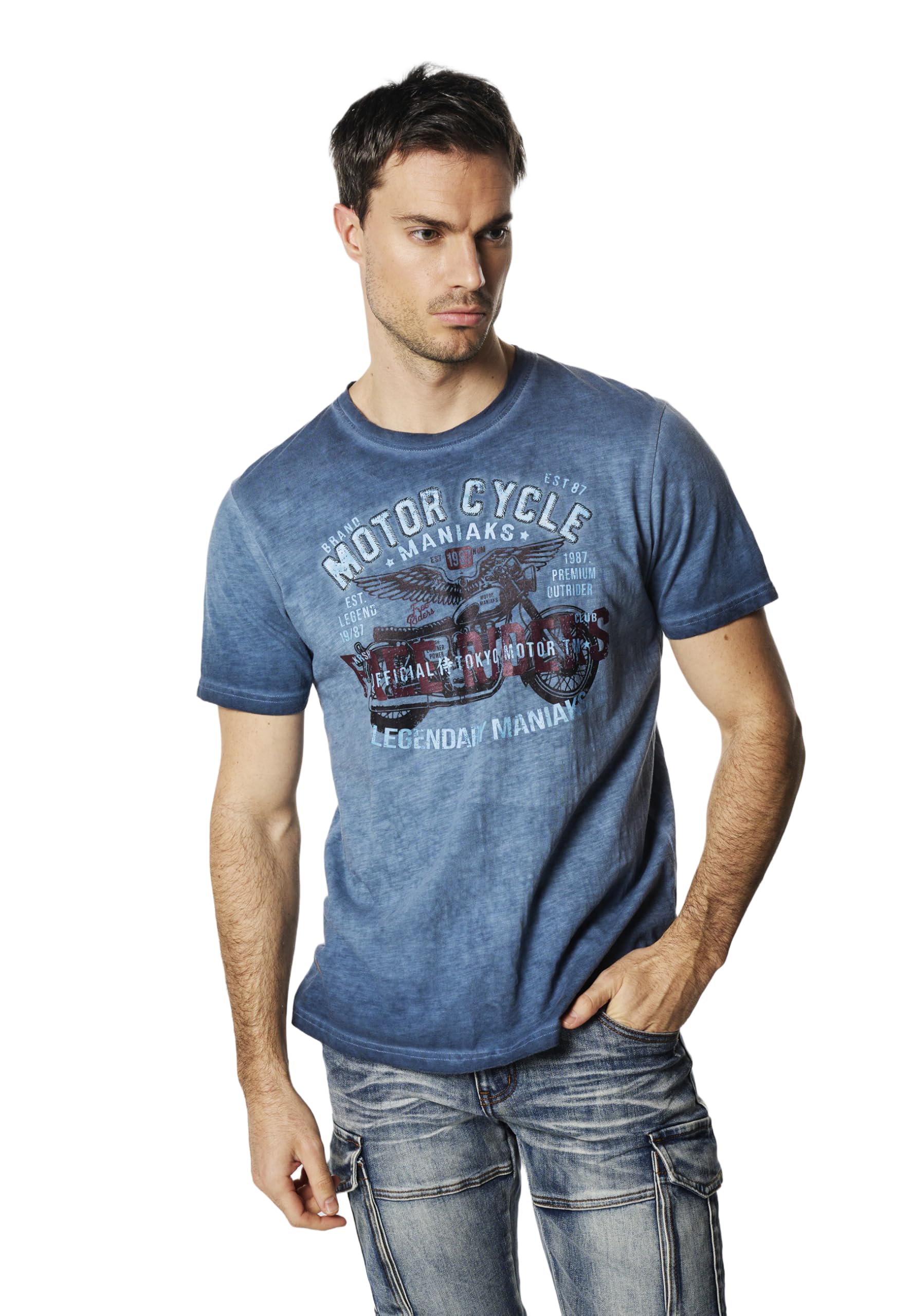 Koroshi Camiseta Hombre Manga Corta Lavada Estampado Motero Índigo, Color Indigo Blue, Talla L