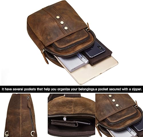 Miniatura 5 de Bolso bandolera vintage de cuero de grano completo para hombre, resistente al agua, bolsa cruzada de viaje (marrón)