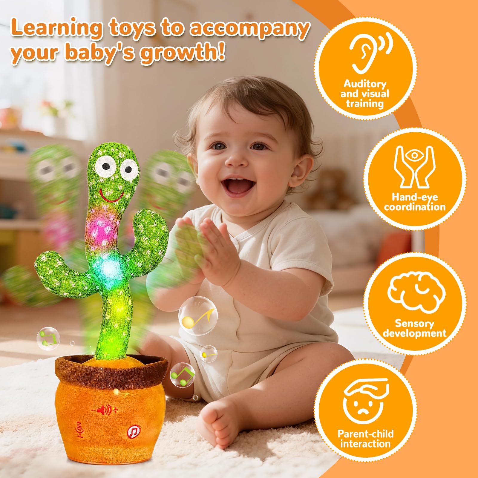Juguete de Cactus Parlante que Baila, Juguete de Cactus que Canta y Graba Imitando para Bebé, Repite lo que Dices, Juguetes Musicales Interactivos para Bebés y Niños Pequeños de 1 Año, Niños y Niñas