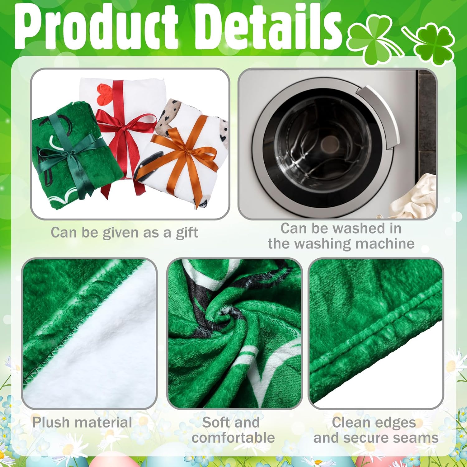 Tudomro 3 Pack St. Patrick's Day Easter Blanket 50"×60" Soft Warm Throw Blanket Green Shamrock Bunny Egg Red Heart Envelope Decor for Couch Sofa Bed, Spring Valentine's Day Gift for Adult and Lovers