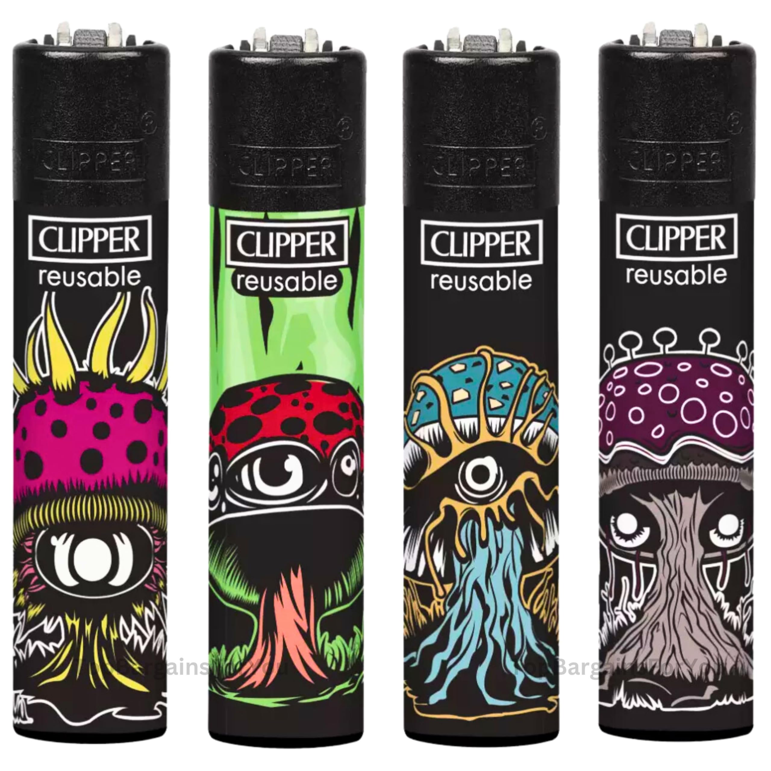 Zactly - 4 x Clipper Lighters ALIEN MUSHROOMS Design Set, Gas Refillable Flint Rare - Limited Edition