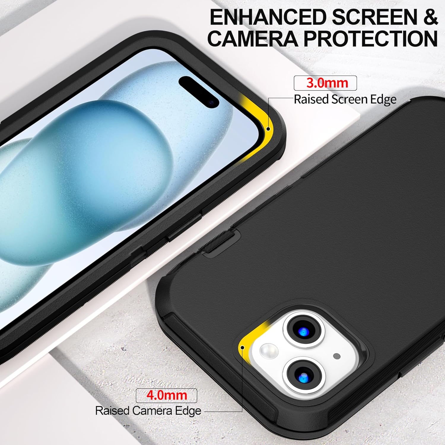 for iPhone 15 Case with Belt Clip and 2 Pack Screen Protector - Heavy Duty Shockproof Military Grade Drop Protective Full Body Rugged Dust-Proof Cover(Black+Clip)
