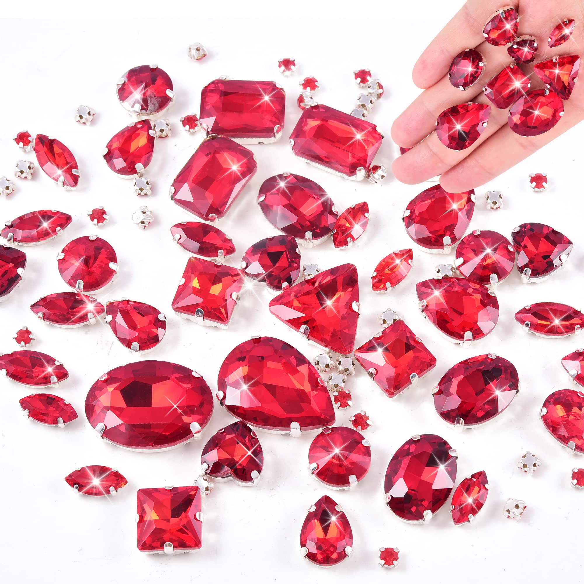 BLINGINBOX 50pcs Mixed Shapes Colors Sew On Rhinestone with Silver Claw Flatback Glass Strass Sew On Claw Rhinestones (Lt.Siam)