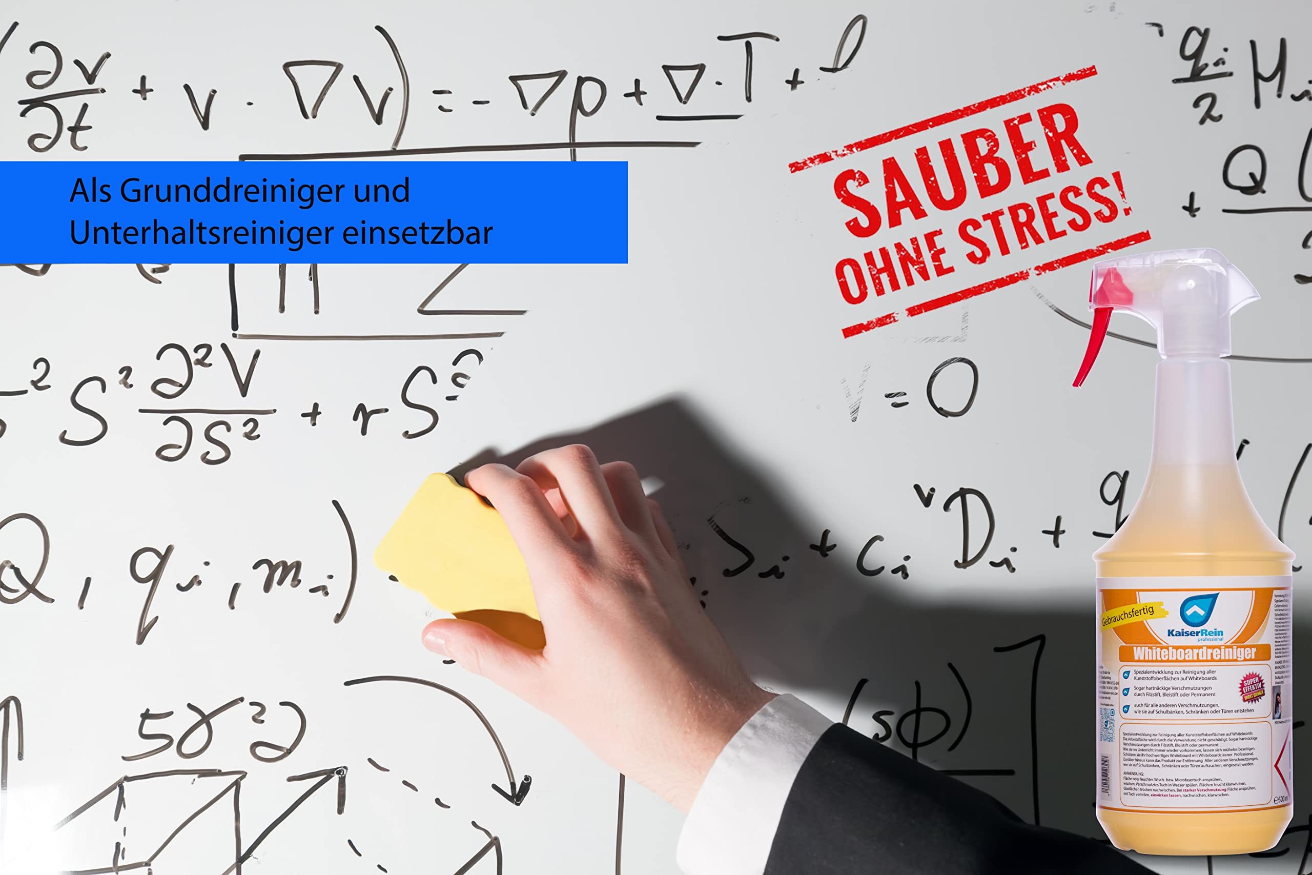 KaiserRein professional Profi Whiteboardreiniger und Schreibtischreiniger 3 x 1 L Schultisch Türen Schrank Reiniger löst auch Filzstift permanent Kugelschreiber Stempelfarbe von