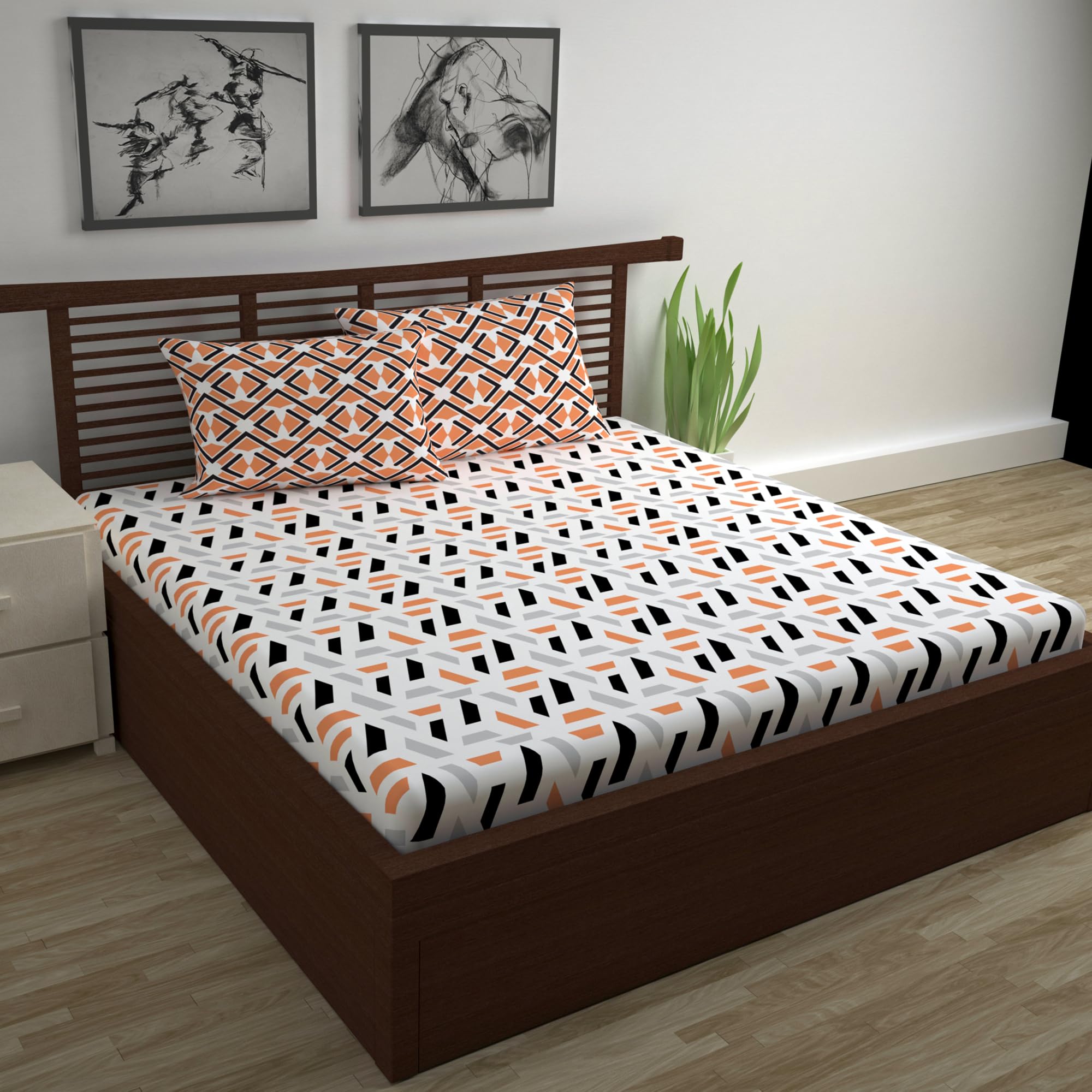 Divine Casa 100% Cotton Bedsheet for Double Bed with 2 Pillow Covers | Soft Comfortable Breathable Bedding Set | Wrinkle Free 144 TC Cotton Fabric | 222 x 254 cm (Peach & Black, Abstract)-image-46