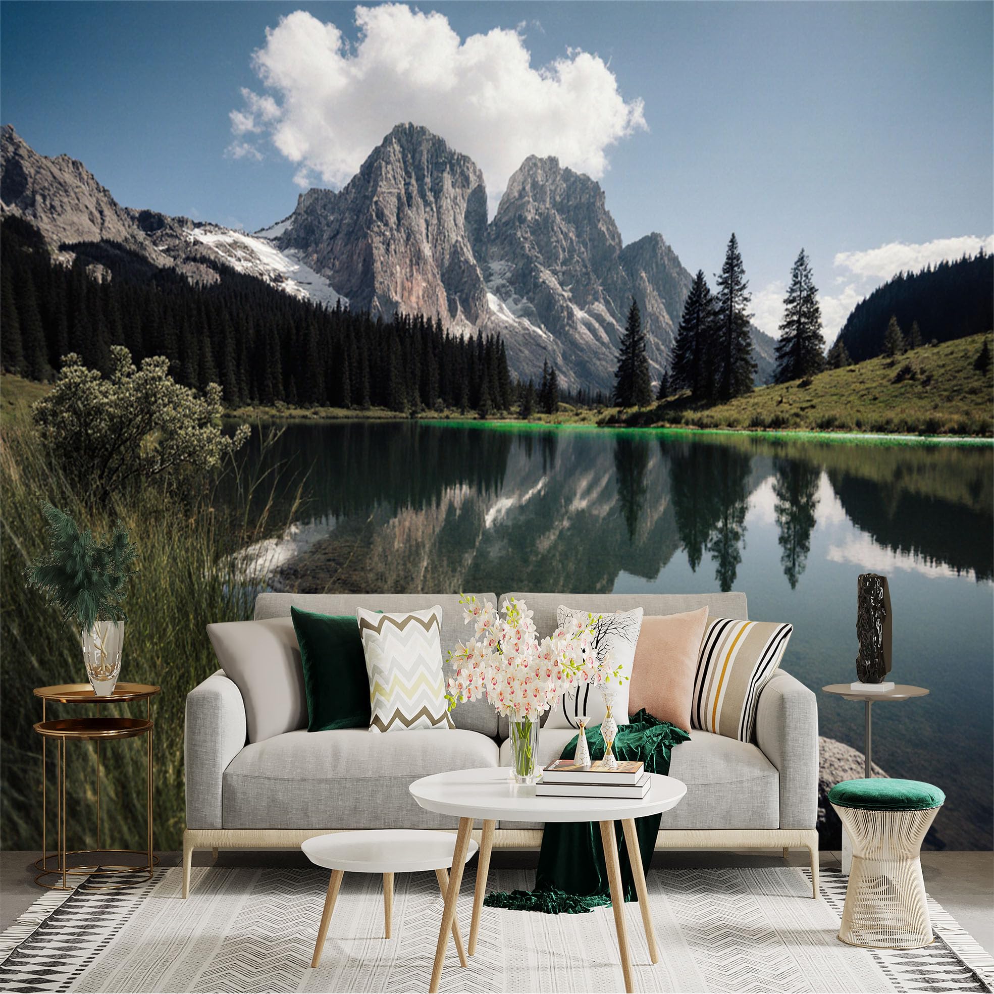 Custom Size Wall Sticker Mural， Mountain Lake with Reflection， Pine Forest and Blue Sky， for wall Decoration， peelandstick wall Decals.