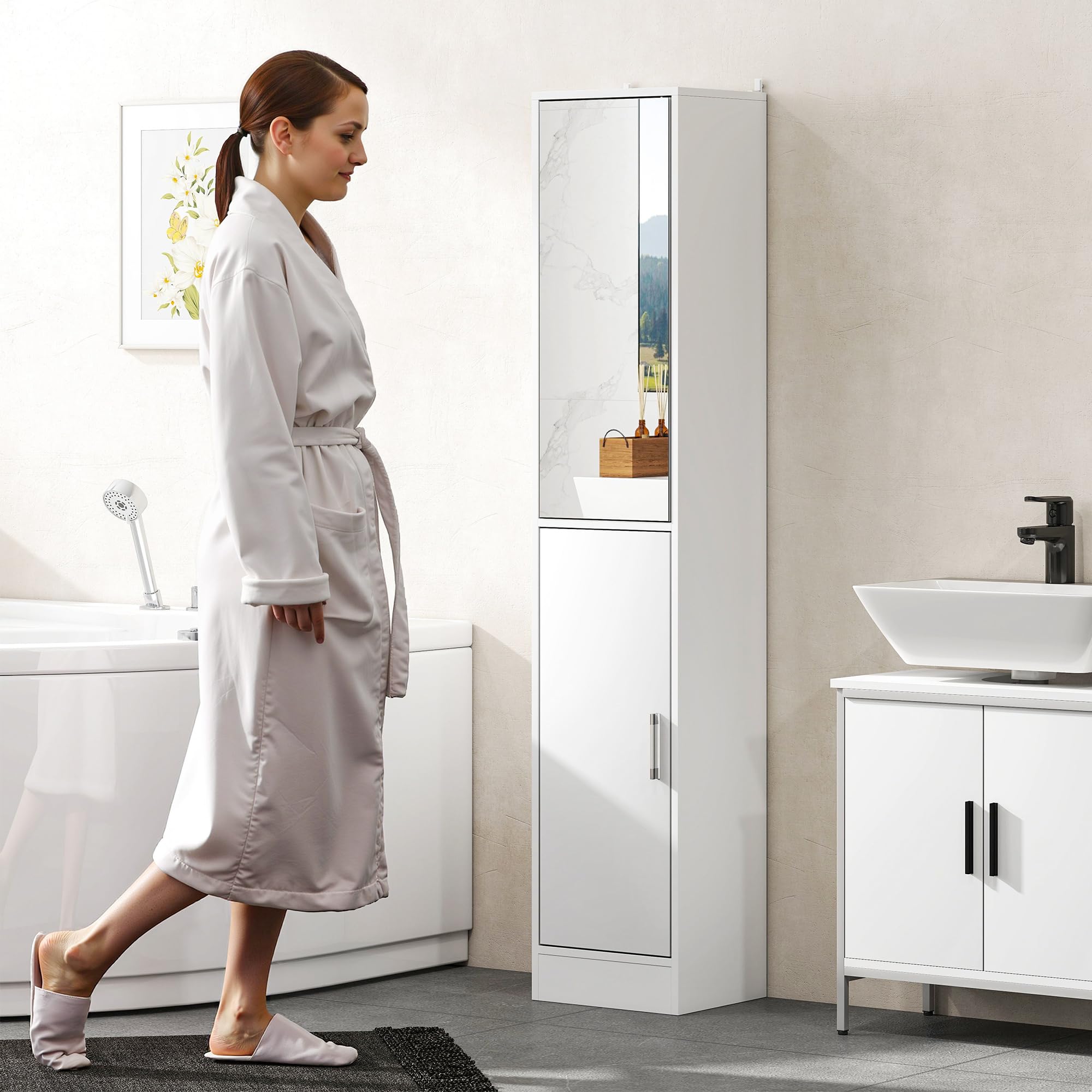 kleankin Armario para Baño Alto Mueble Columna de Baño con Espejo 2 Puertas y Estantes Interiores Ajustables Multiusos para Cocina Salón 32x28x162 cm Blanco