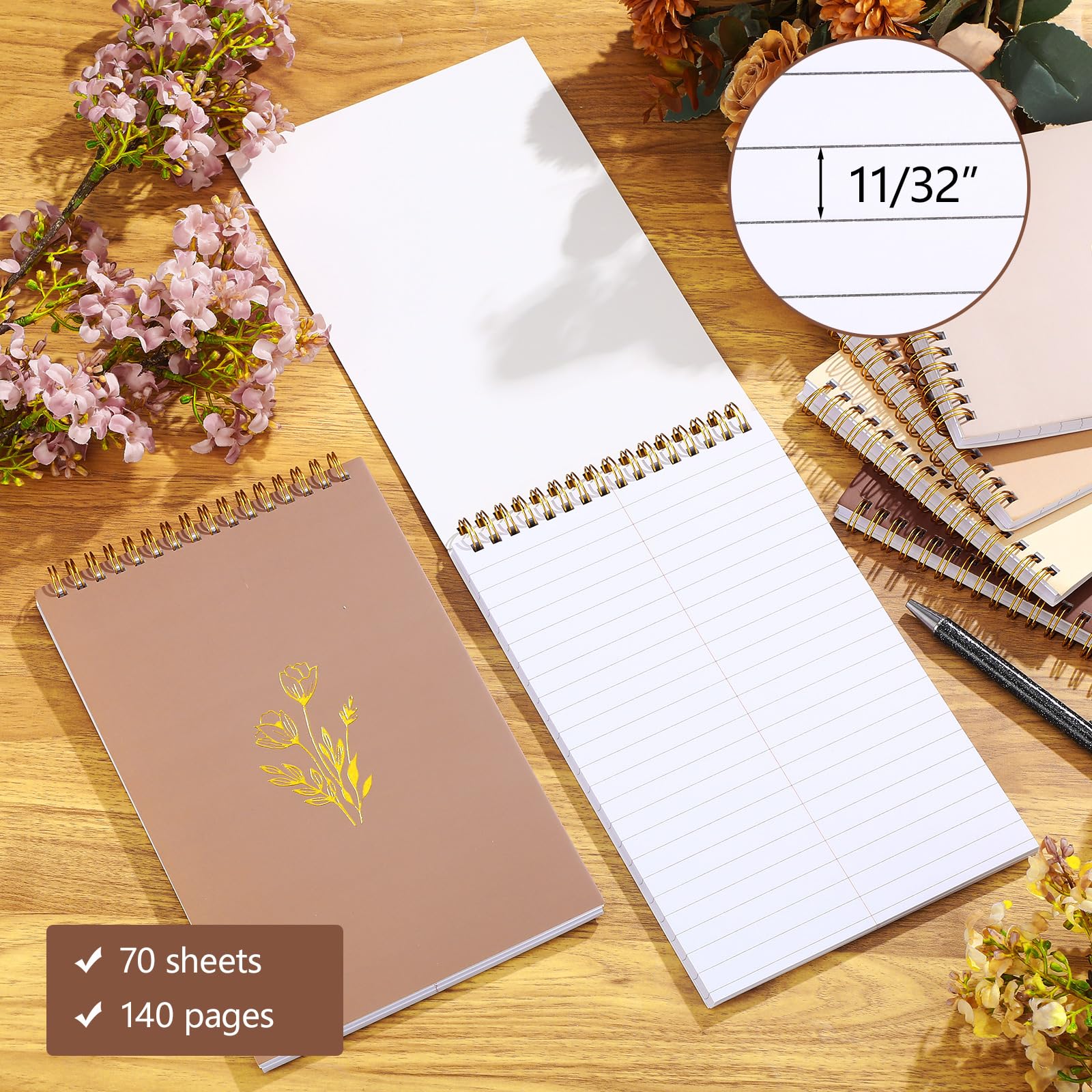 Gueevin Confezione da 6 quaderni Steno a spirale, 15,2 x 22,9 cm, 140 pagine/70 fogli, per lavoro, studenti, scuola, ufficio, marrone chiaro