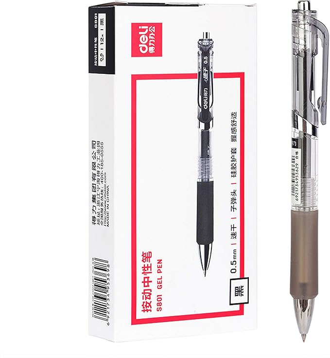 deli Gel Ink pens, Retractable Gel pen set, 0.5 mm, Pack of 12, Black