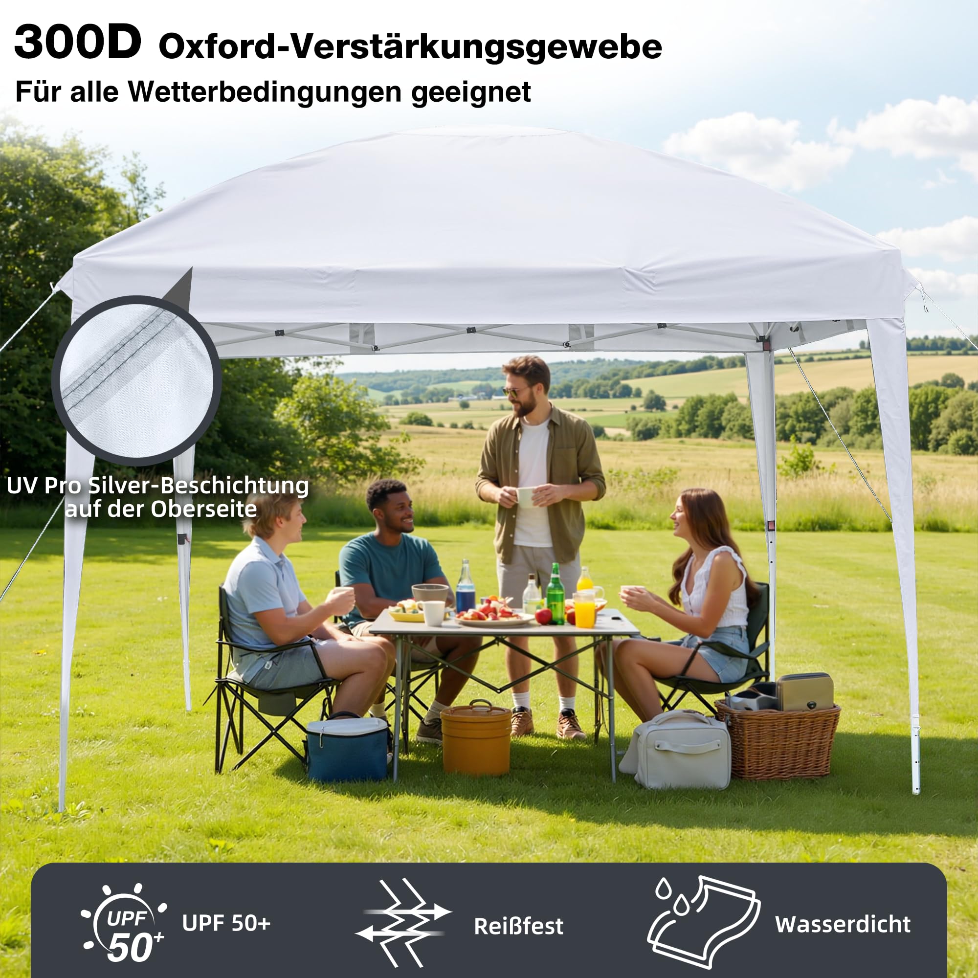 Pavillon 3x3 Faltbar mit Seitenwänden, Faltpavillon Wasserdicht | Pop up Pavillon Stabil Winterfest, Partyzelt mit 4 Gewichte Höheverstellbar, UV Schutz, für Camping Party Garten, Weiß