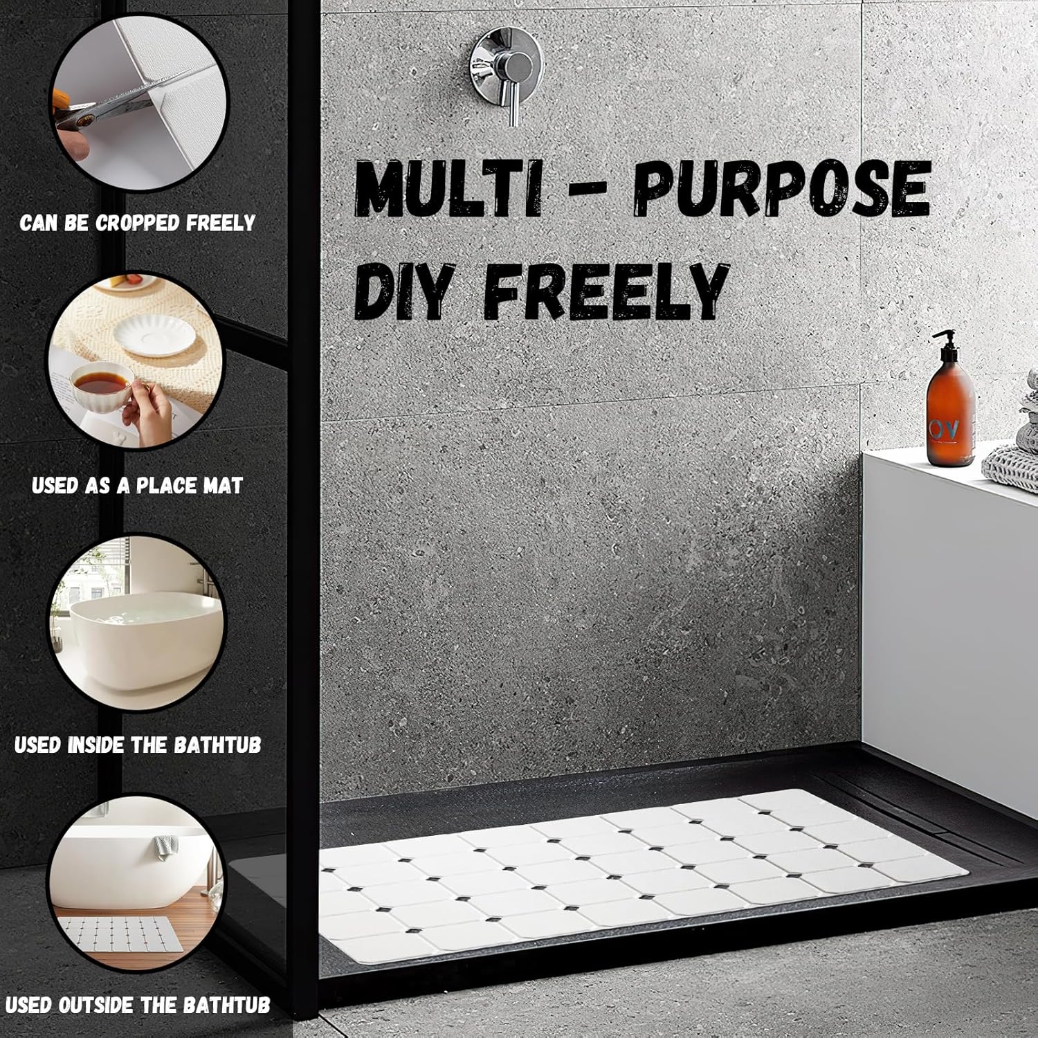 Bath Mat for Textured Tub: Silicone Bathtub Mat Foldable Shower Mat Non Slip Tub Mat No Suction Cups 28 X 17.7Inch - White