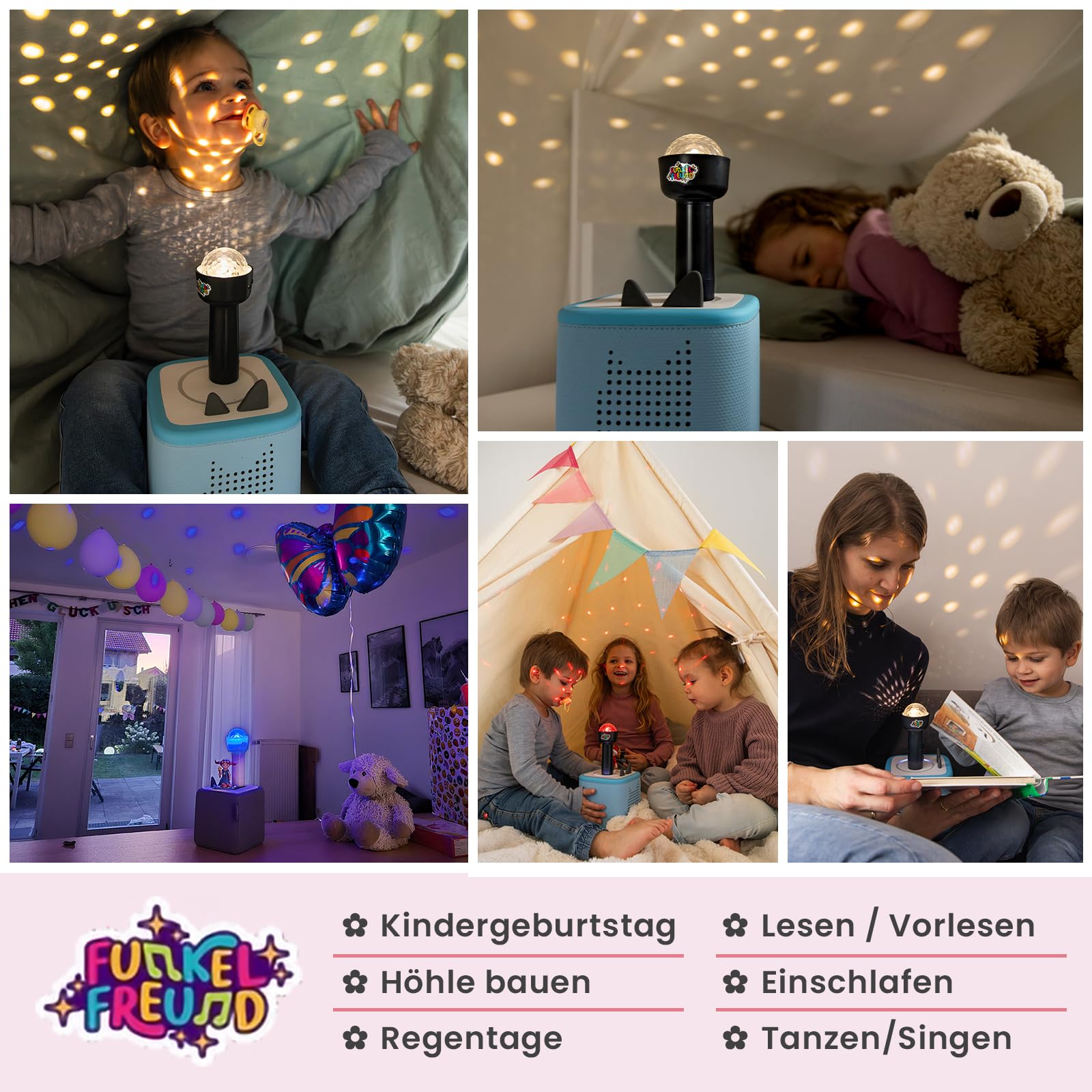 LED Licht für die Toniebox musikgesteuert | Kinderdisco & Nachtlicht | Kompatibel mit Toniebox 1 & 2 | Kabellos, Magnetisch, Ohne App | für Kinder ab 3 (Kinder-Diskolicht + Sticker)