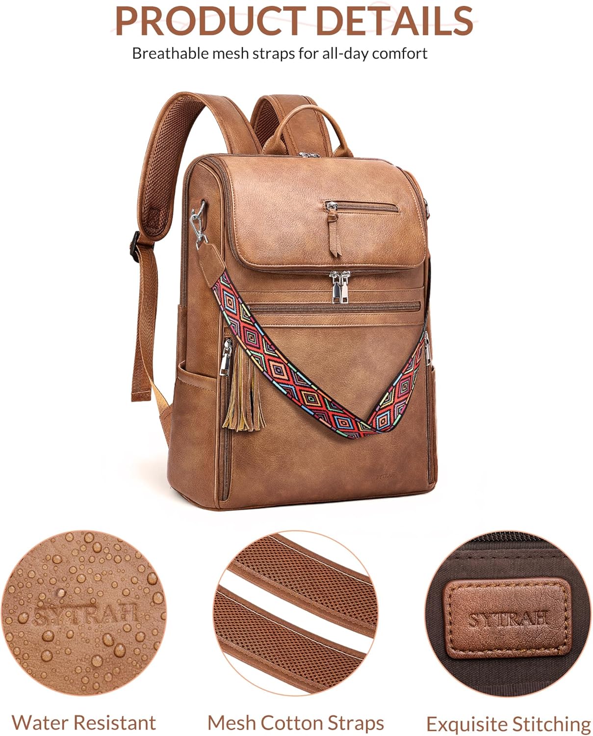 SYTRAH Leather Laptop Backpack for Women Designer Laptop Bag, 16.5 inch Travel Computer Backpacks Purse with Tassel for Work Business with Satchel Purse Brown - Image 7