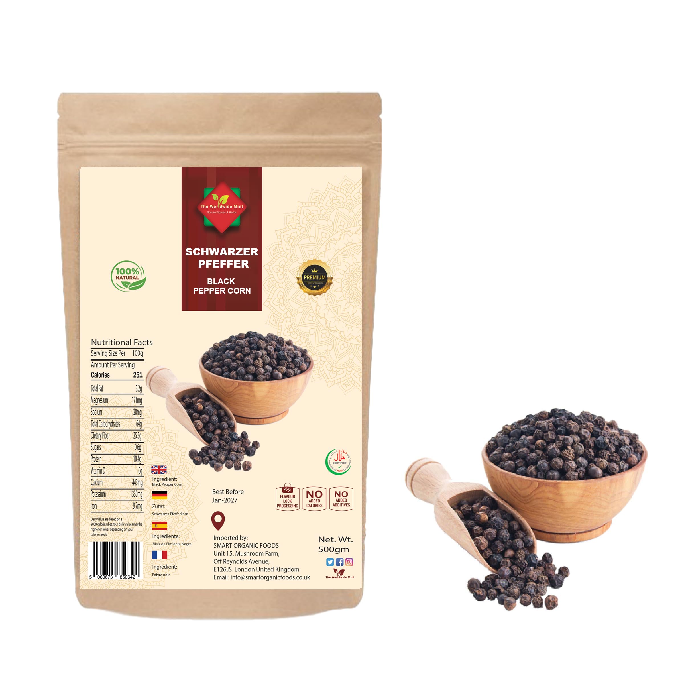 Schwarzer Pfeffer | Schwarze Pfefferkörner 500G | Ganzer Schwarzer Pfeffer | Premiumqualität | 100% Natürlich | Authentisch | Keine Zusatzstoffe | Keine Konservierungsstoffe | Nicht GVO