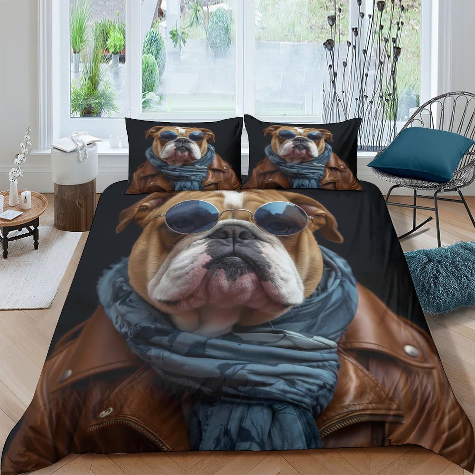 Ctjqhvkz Style-4 3D Printed Bulldog Sunglasses Fitted Sheet Microfiber Soft Breathable Dog Pattern Bed Cover For Bedroom Guestroom Decor Single（135X200cm）