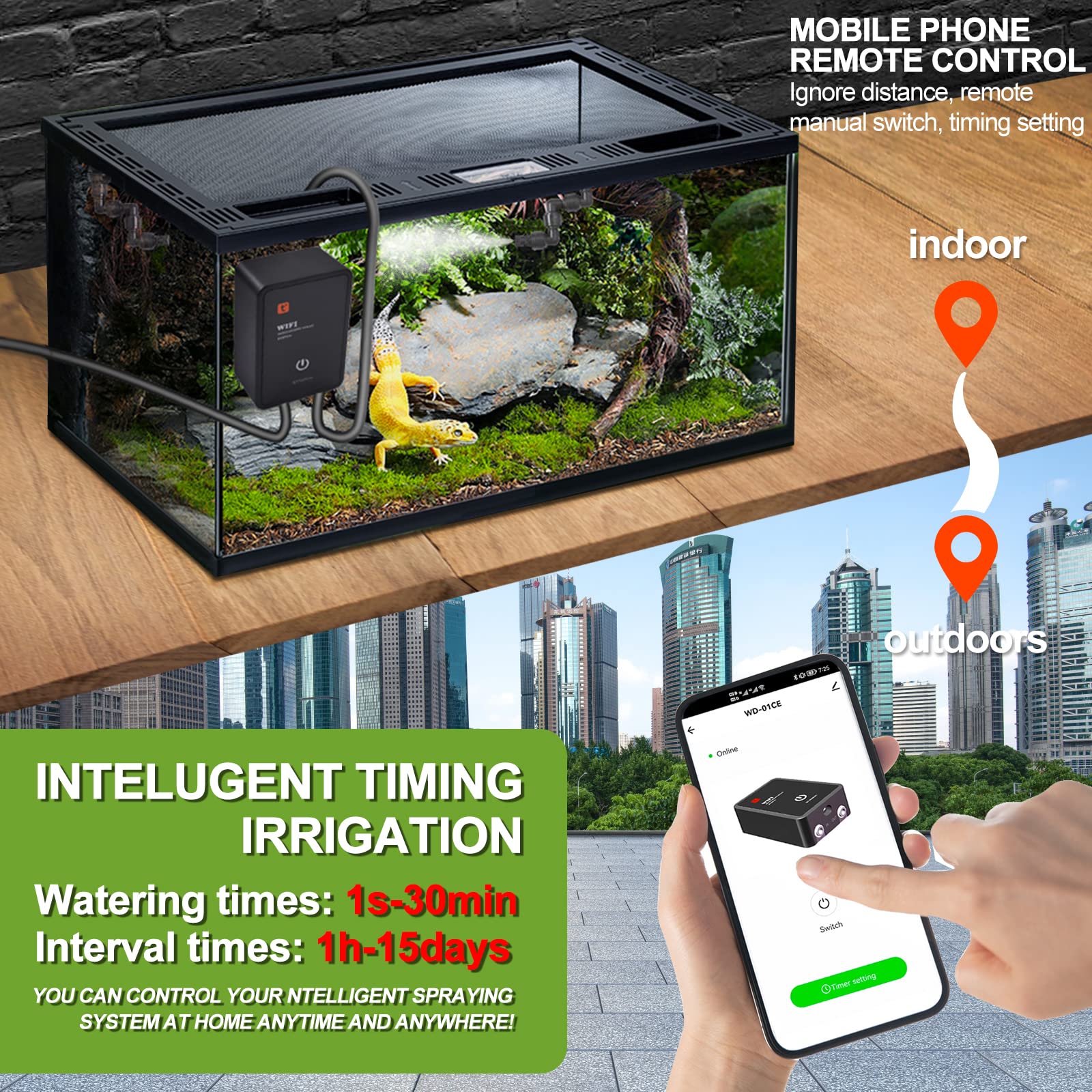 Diealles Shine inteligentny system mgiełki gadów, system mgły do terrarium z dyszami natryskowymi, regulacja 360°, mgiełka do gadów, płazów, roślin, kwiatów, lasów deszczowych