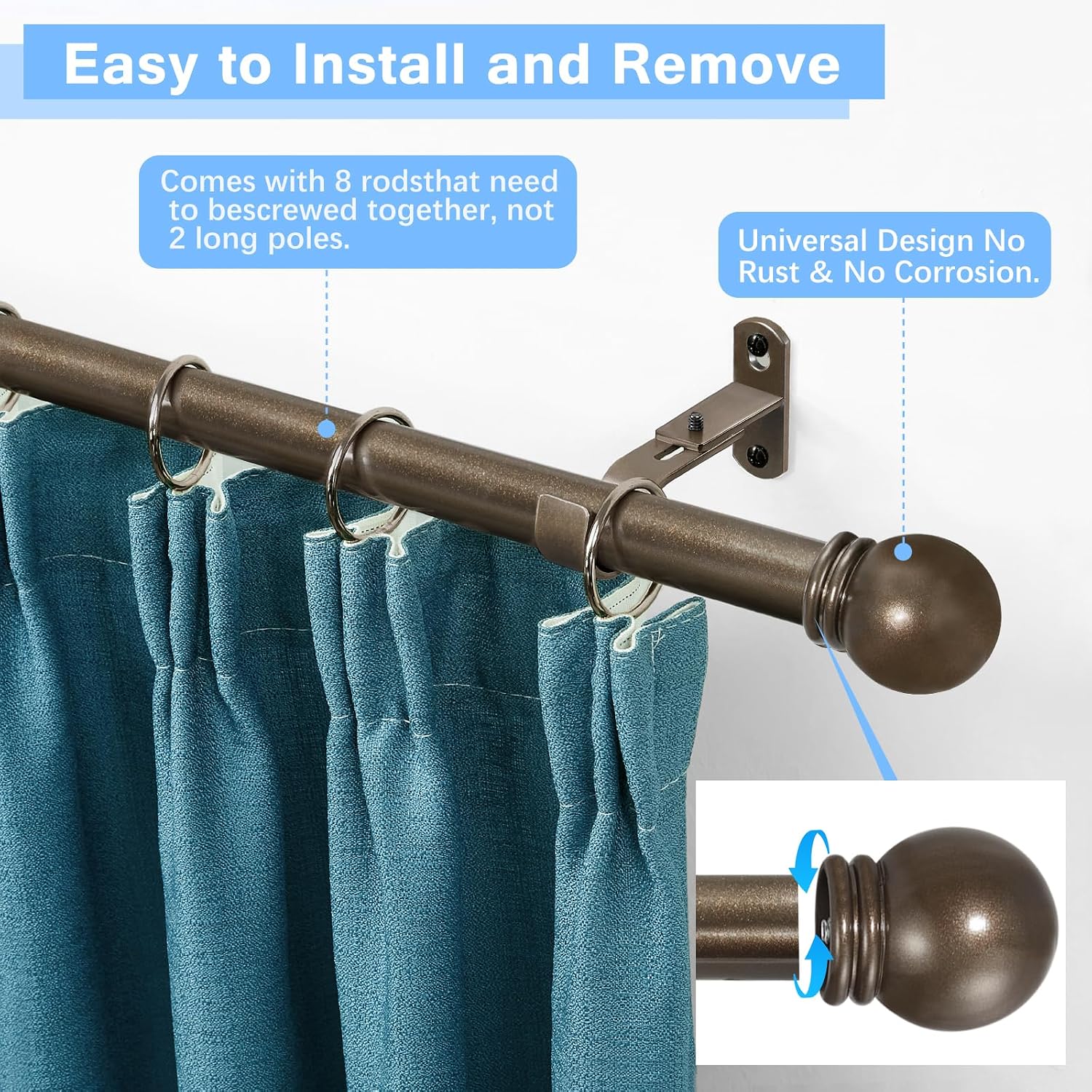 Curtain Rods for Windows 16-120", 6/8 In Brown Curtain Rod, 2 Pack image 2