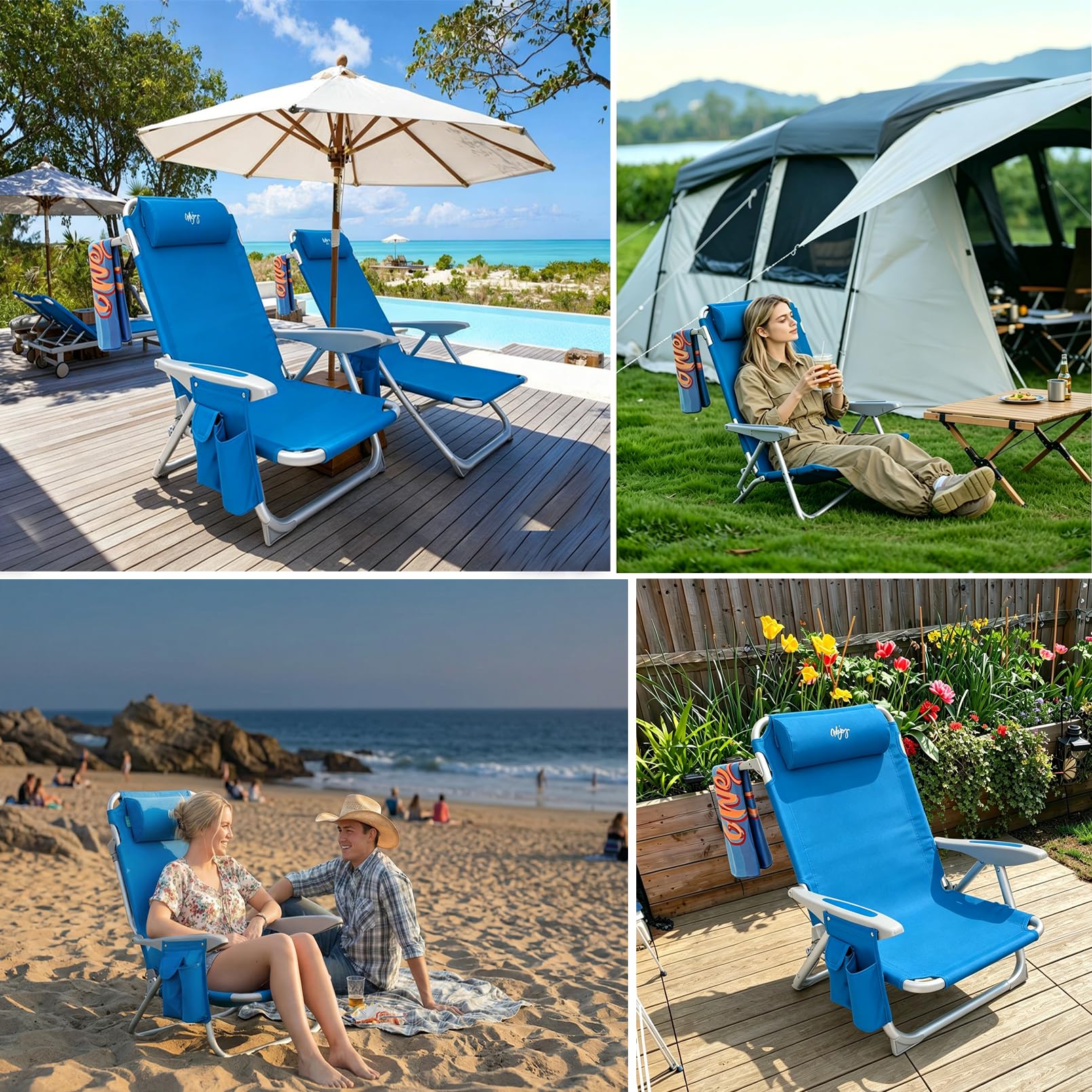 #WEJOY Strandstuhl klappbar Alu Hochlehner Klappstuhl 4 Position Leicht tragbar Stark stabil Campingstuhl Lay Flat Chair Max Hold bis 120kg / 265 lbs