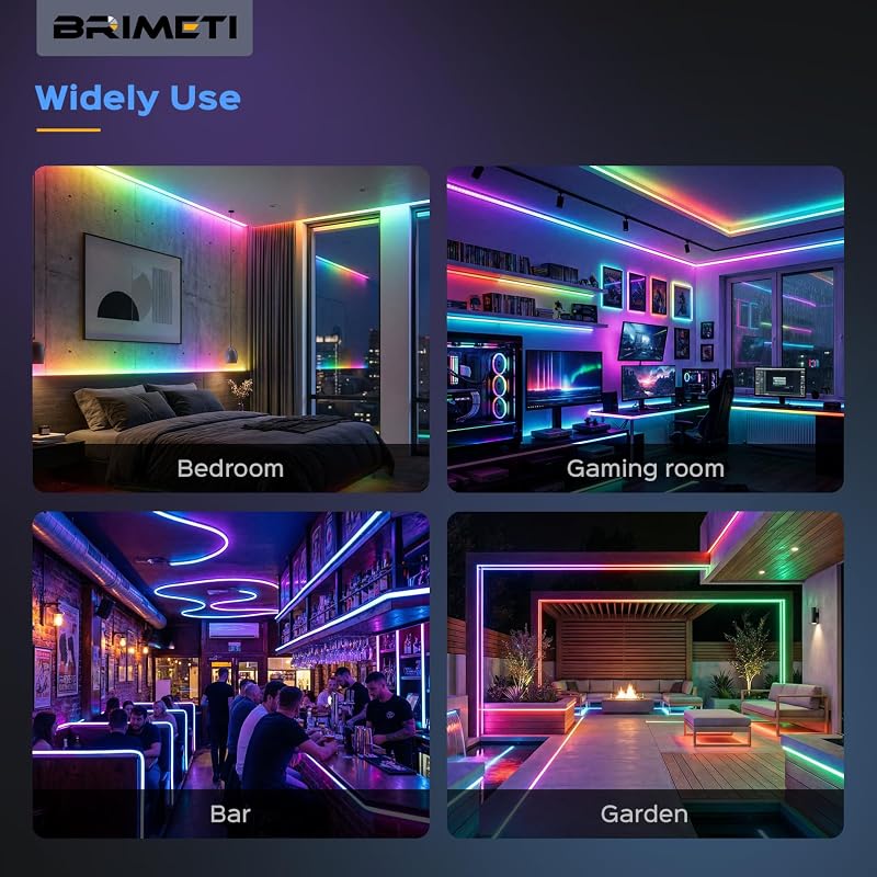Bandă LED Neon BRIMETI 20M RGBIC 220V, aplicație și telecomandă, Bluetooth, sincronizare muzică, IP65, impermeabilă, flexibilă, decor interior și exterior