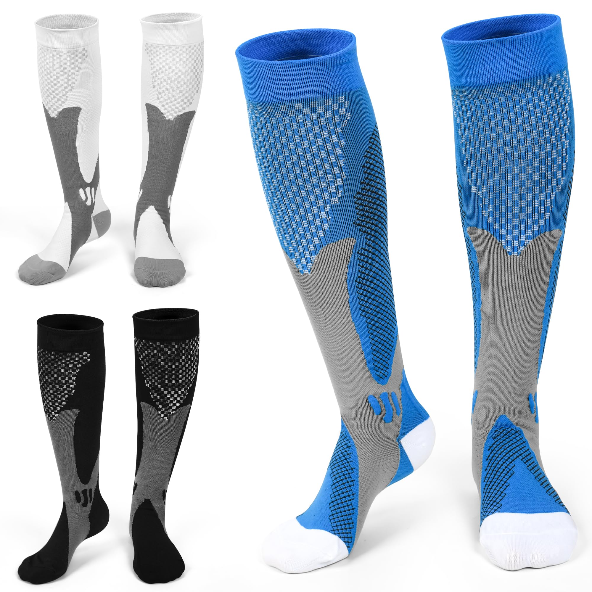 3 Pair Compression Socks, Circulation 20-30 mmhg Compression Stockings, Flight Socks, Knee High Knee High Varicose Veins Socks for Running Nursing Flight Travel