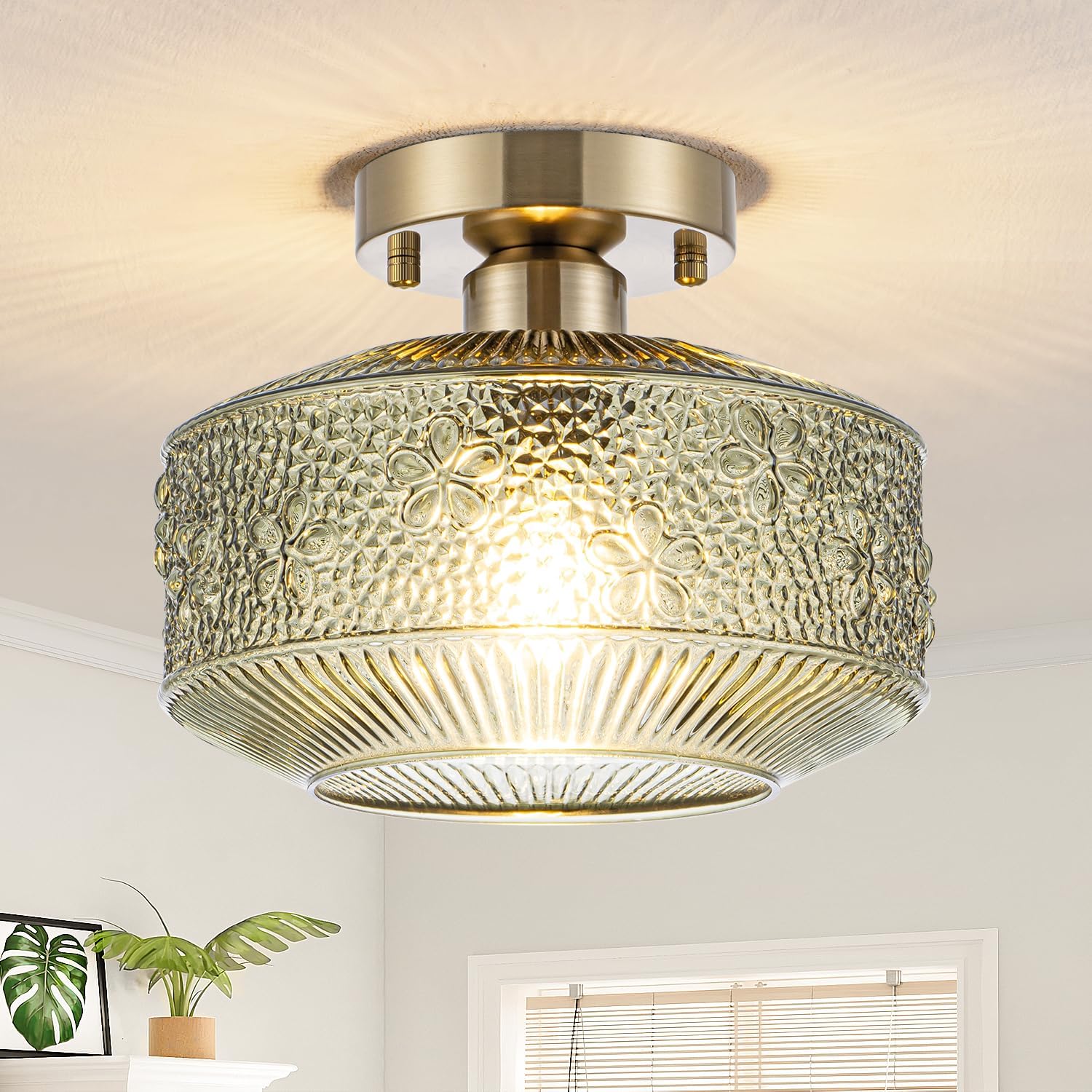 Semi Flush Mount Ceiling Light, 9 Inch Modern Small Ceiling Light Fixture with Green Thickened Glass & Stone Floral Pattern, Bronze Base for Hallway Kitchen Bedroom Hotel Cafe
