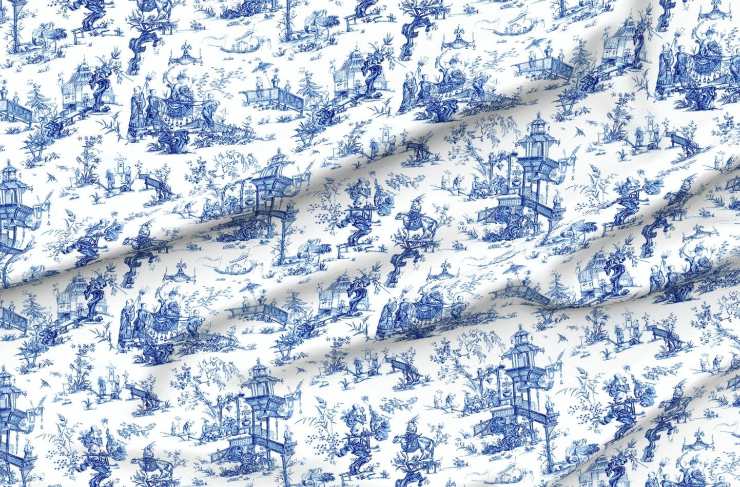 Spoonflower Fabric - Chinoiserie Blue White Vintage Toile Chinese Garden Antique Pagoda Printed on Petal Cotton Fabric by The Yard - Sewing Quilting Apparel Crafts Decor