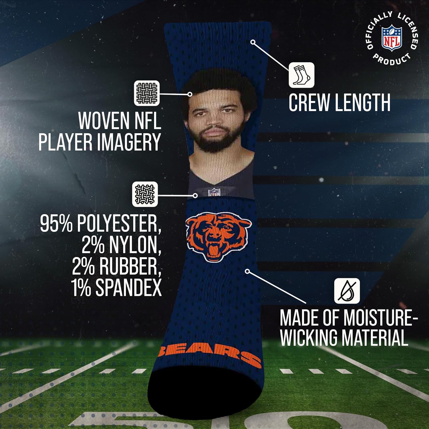 For Bare Feet NFL Youth Roster Player Crew Socks, Premium Boys & Girls Football Sock, Officially Licensed