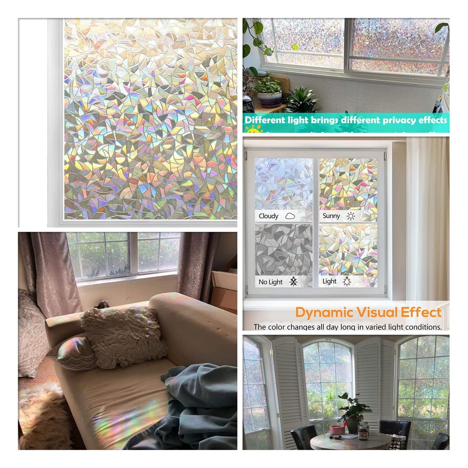 Vinilo Ventana Película de Vinilo 3D for Ventana, Aislamiento térmico, Efecto arcoíris, protección UV, decoración de Cocina, Pegatinas de Vidrio(Gold,45x500 cm)