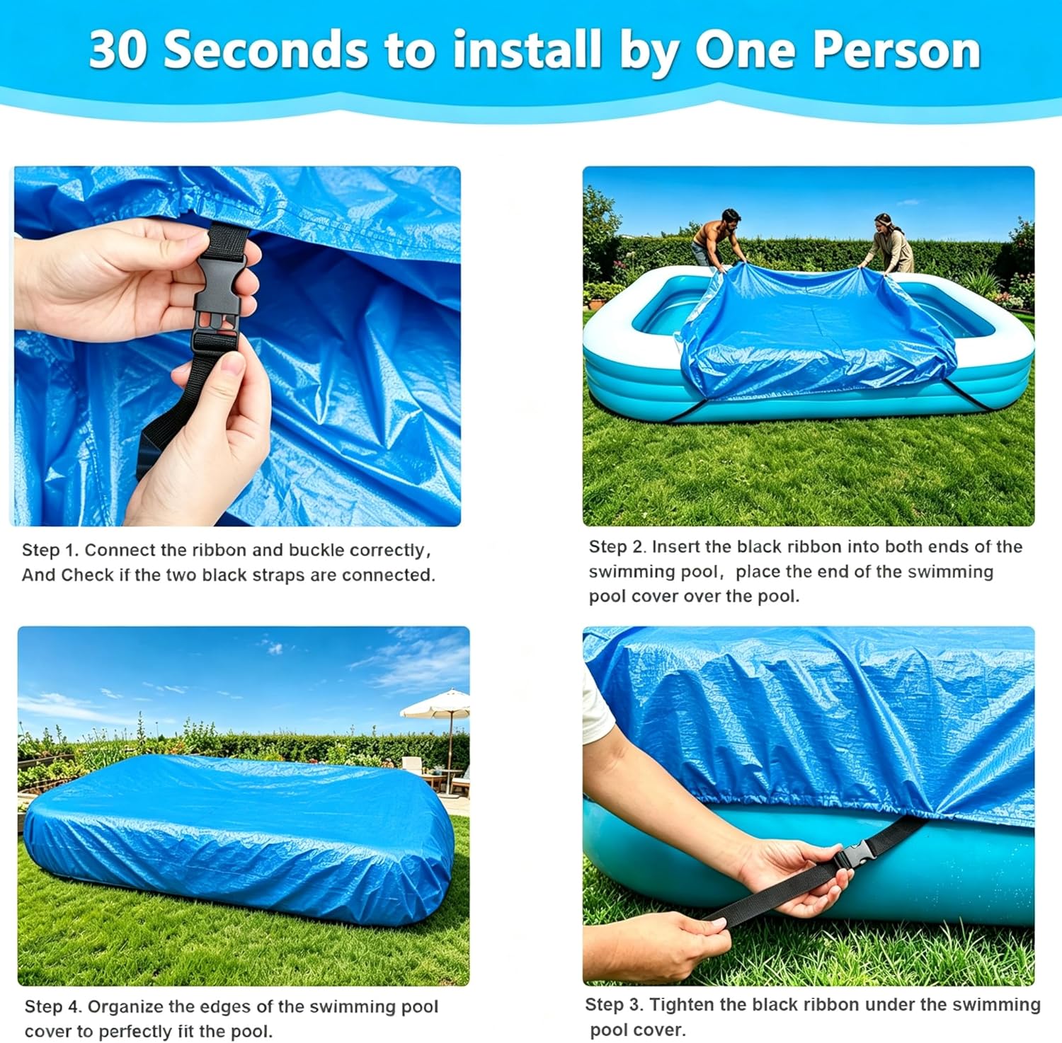 130 x 84 in Rectangular Pool Cover Inflatable Swimming 11 x 7 ft Pool Cover 130 x 72 x 22 Solar Rectangle Pool Cover Dust and Rainproof Durable Built-in Elastic Band Extra Buckle