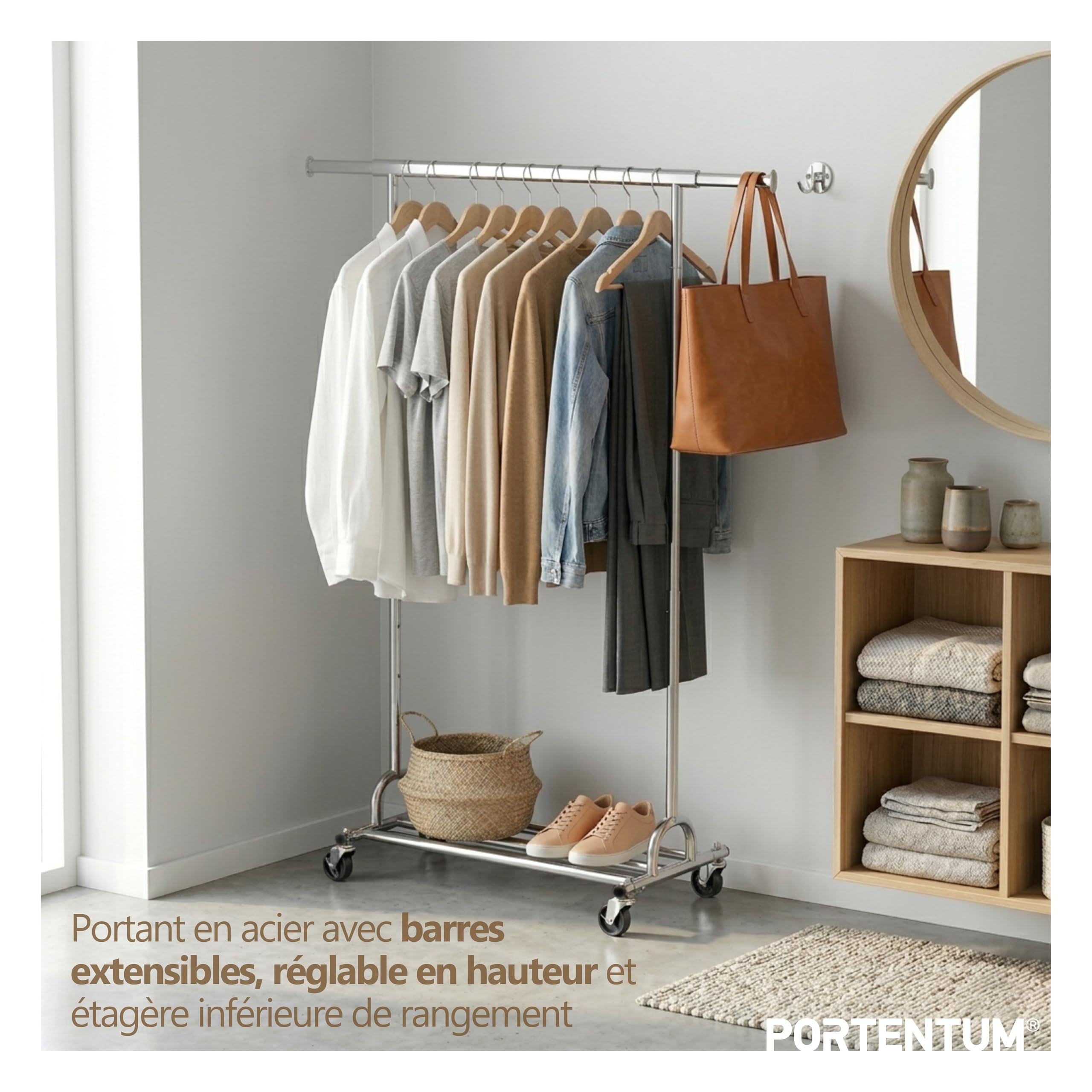 PORTENTUM Portant a vetement solide extensible avec roues et freins – Hauteur réglable entre 149 et 174 cm – Jusqu'à 180 kg de charge – Penderie en acier 45 x (92–132) cm de largeur