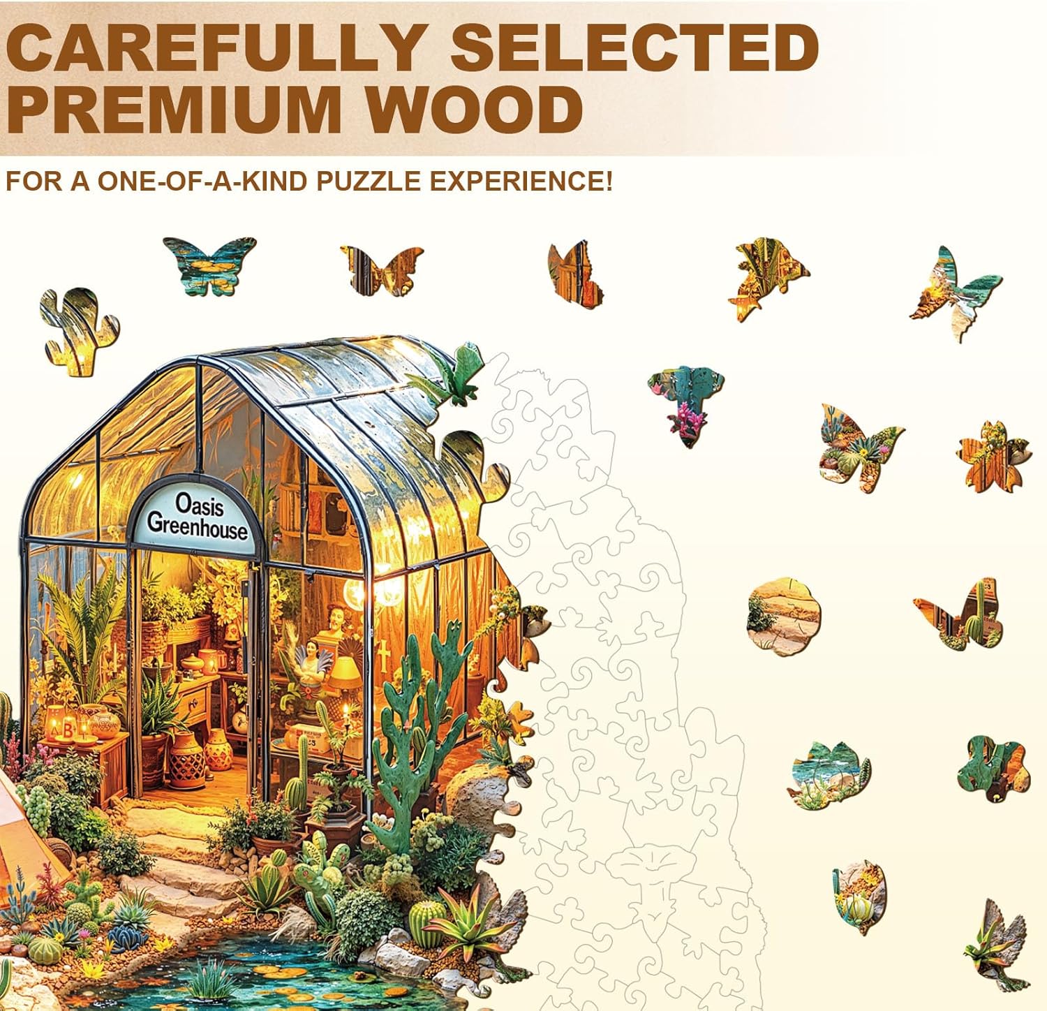 Wooden Puzzles for Adults, Oasis Greenhouse Wooden Jigsaw Puzzle, Wood Puzzles Adult, Unique Shape 3D Visual Flat Puzzle Home Decor Gifts for Puzzle Lovers & Friends (M-11.4 * 10.2 in-175pcs)