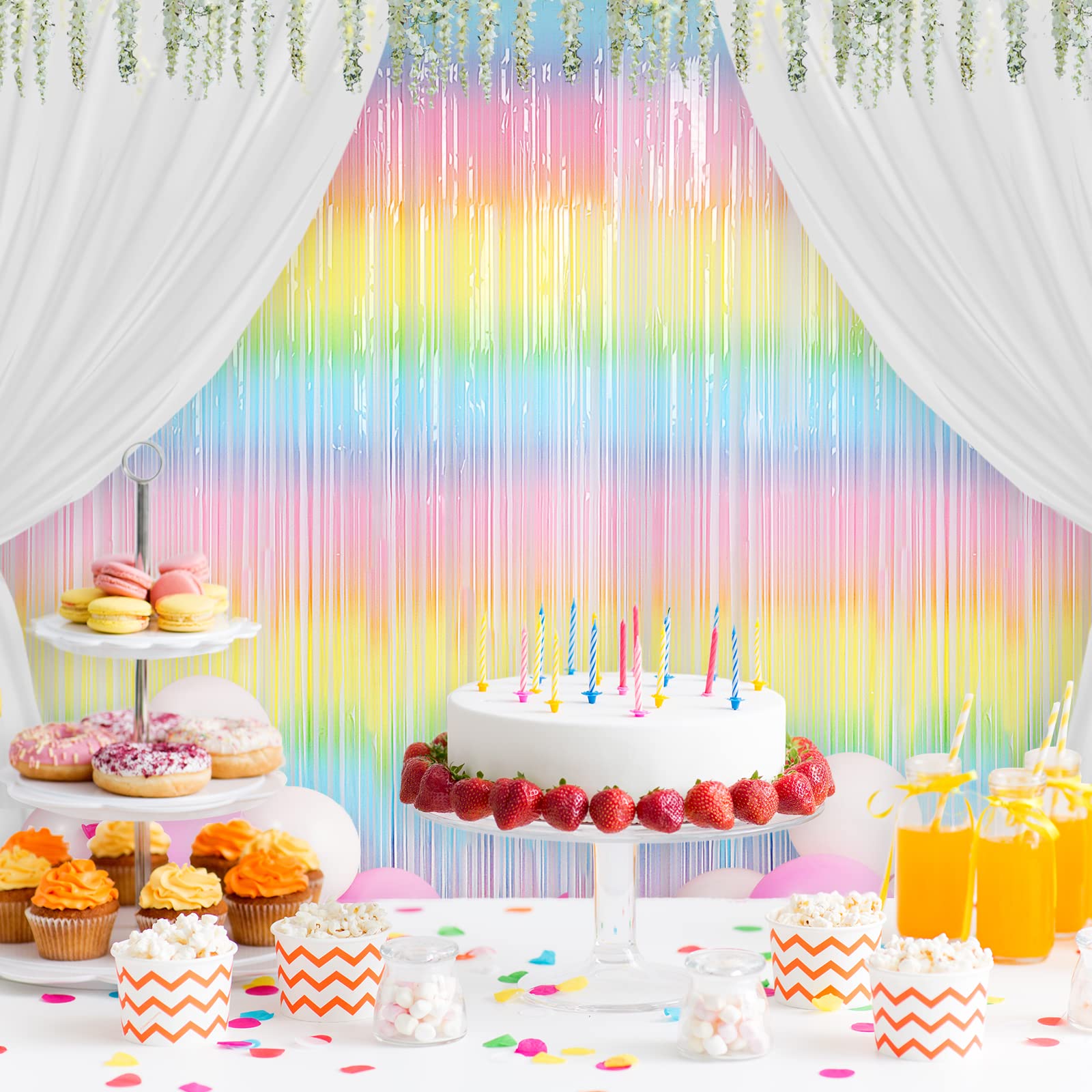Tenda Sfondo Arcobaleno Con Frange In Lamina Metallizzata - 2 Pezzi 1x2 Metri - Per Feste Compleanno, Matrimoni, Halloween, Cabina Fotografica