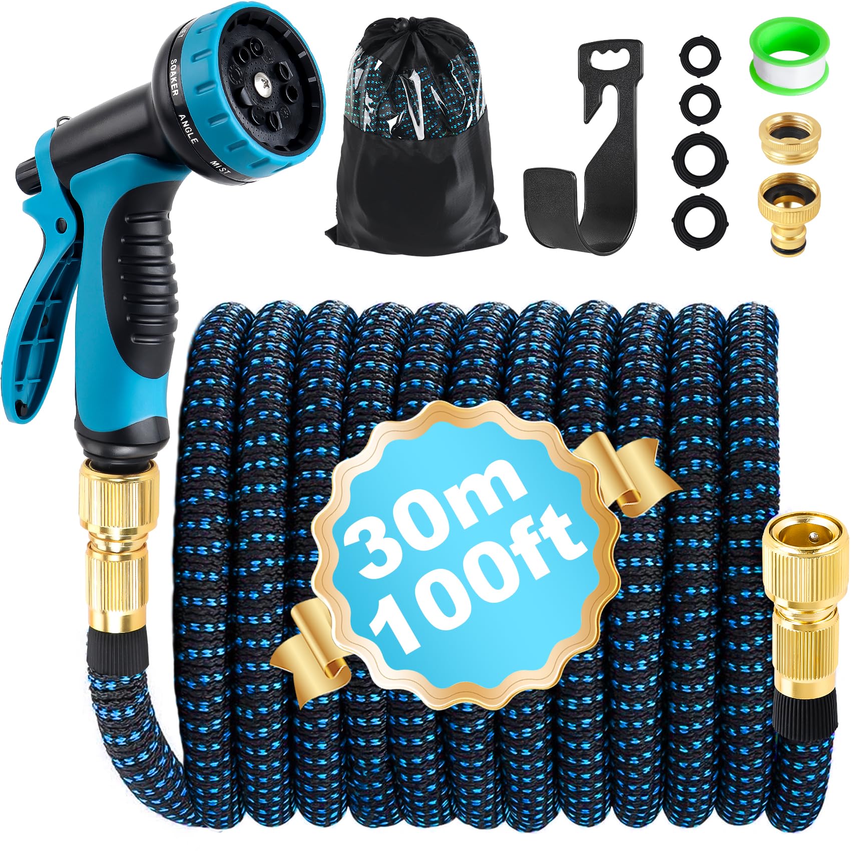 Tuyau Arrosage Extensible 30m, Tuyau d'arrosage Retractable avec Adaptateur 1/2" et 3/4", 10 Fonctions Pistolet, Support, Tuyaux d'arrosage pour Jardin Irrigation Nettoyage Jardinage Laver la Voiture