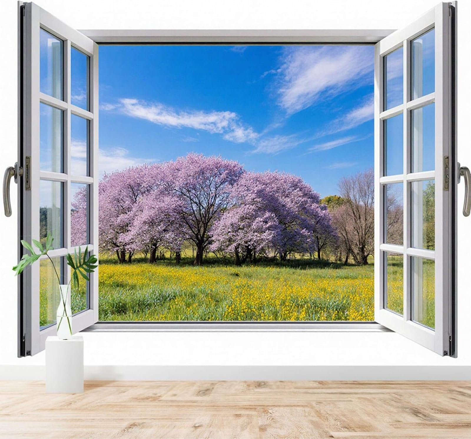 Tzxztt View from A Window Cherry Blossom Tree Blue Sky Grassy Field Natural Scenery Modern 3D Wallpaper Premium Textured Silk Neutral Tones Material Ideal for Living Room Bedroom-250cm×170cm