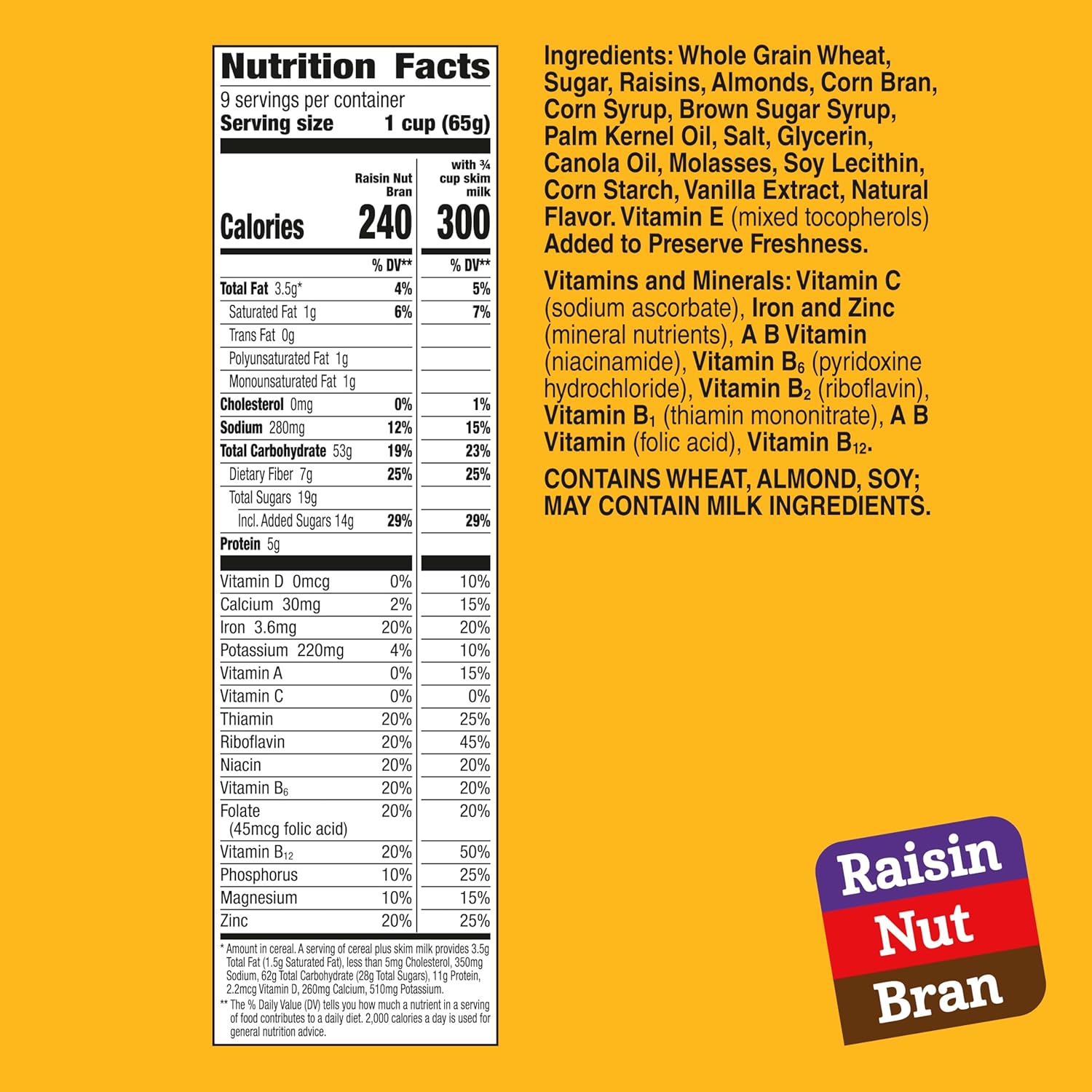 Raisin Nut Bran Cereal, High Fiber Cereal, Made with Whole Grain, 20.8 oz (Pack of 6)