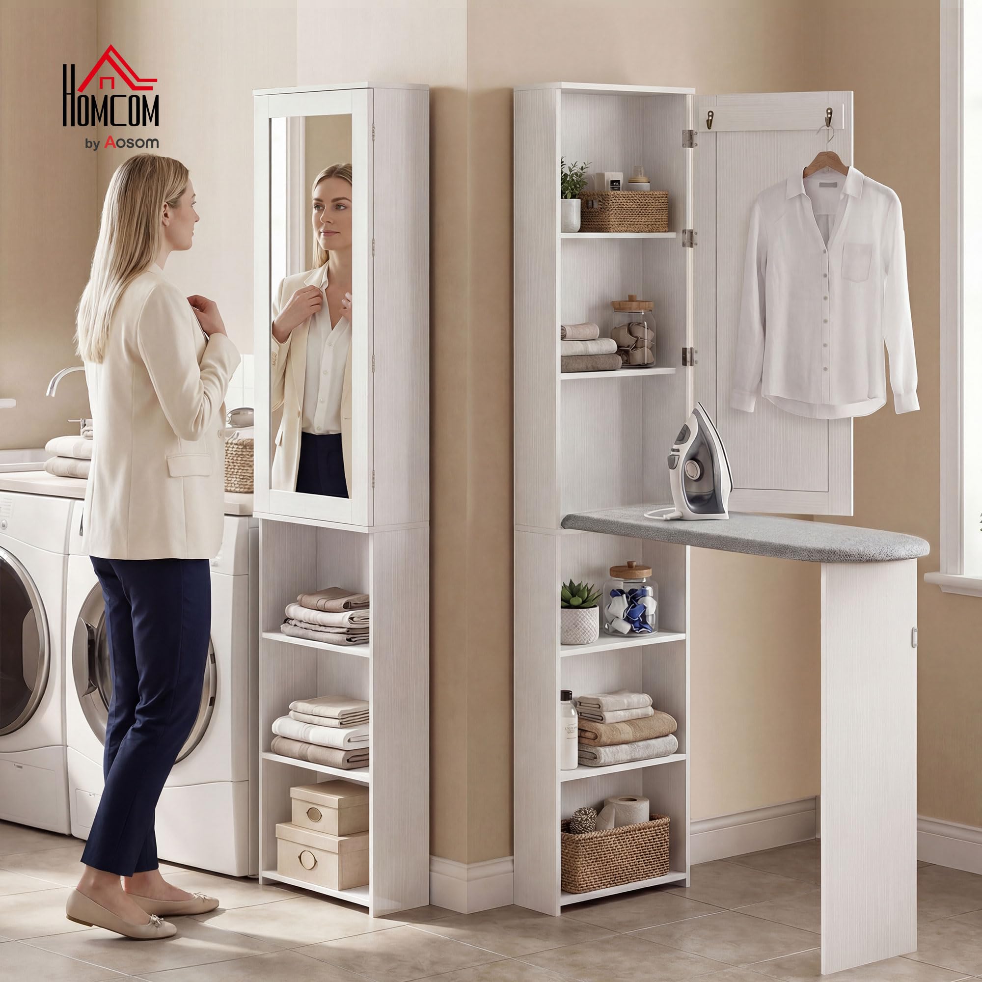 HOMCOM Armadietto pieghevole per asse da stiro con porta, scaffali interni, specchio, salvaspazio, per la cura della biancheria, per lavanderia o piccoli spazi, 106 x 35 x 174 cm, bianco