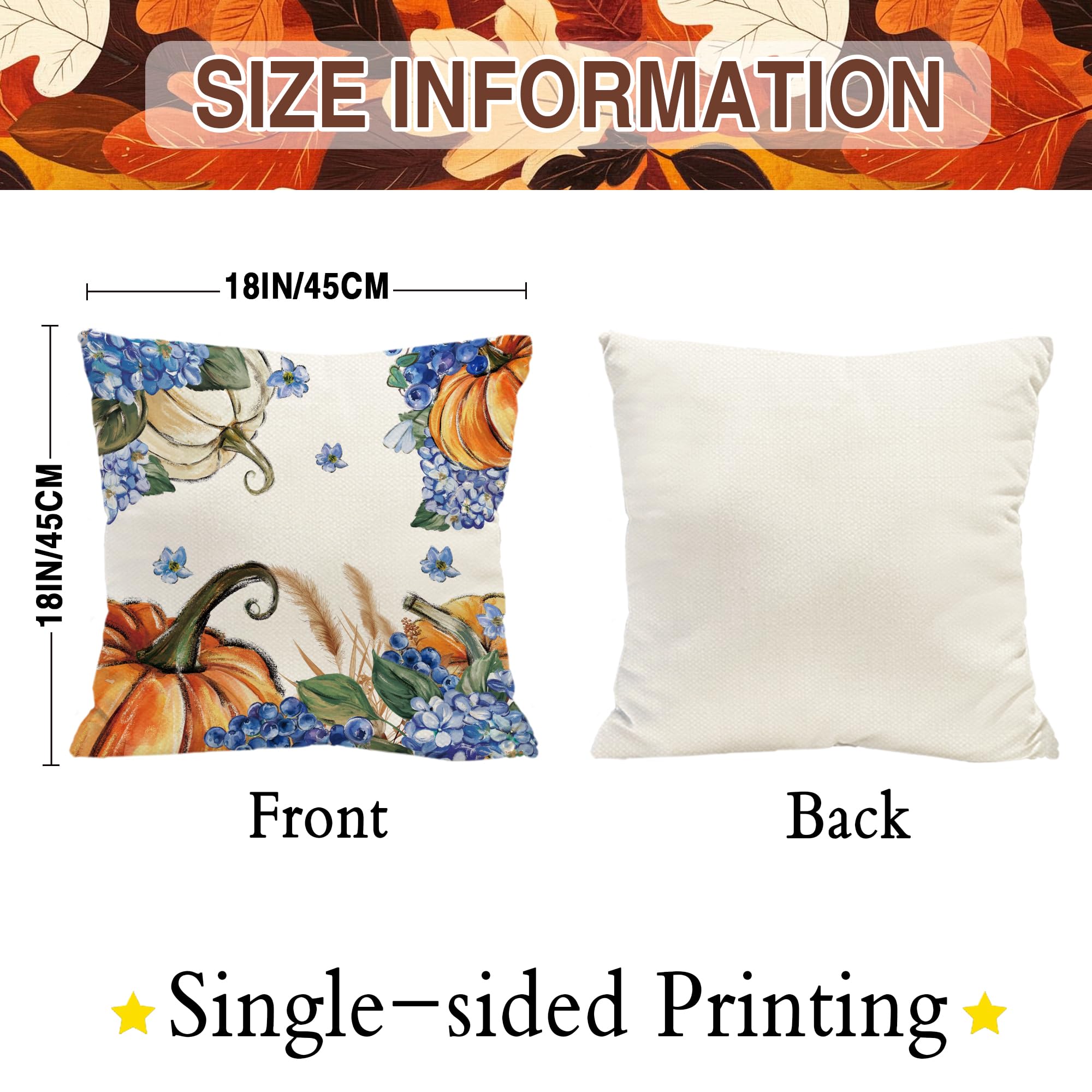 Juego de 4 fundas de almohada de calabaza de hortensias otoñales de 18 x 18 pulgadas, diseño de otoño de Acción de Gracias, diseño floral de temporada, para sofá, sillón, diseño de otoño 6