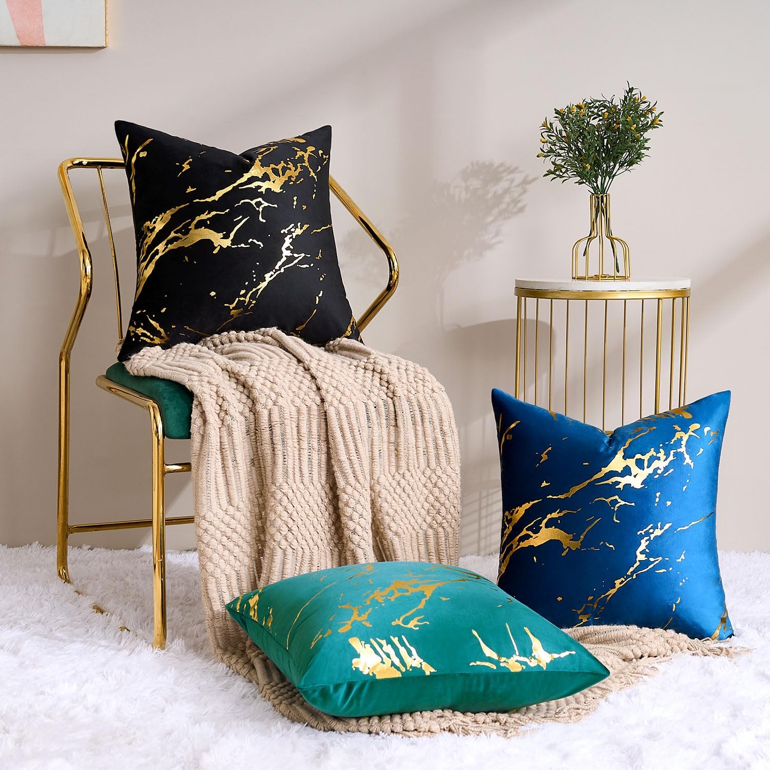 Velvet Navy Blue Throw Pillow Covers 18 x 18 Set of 2 Gold Marble Decorative Pillow Cases Modern Luxury Bronzing Printed Soft Square Couch Pillowcases for Sofa Living Room Bedroom - Image 8